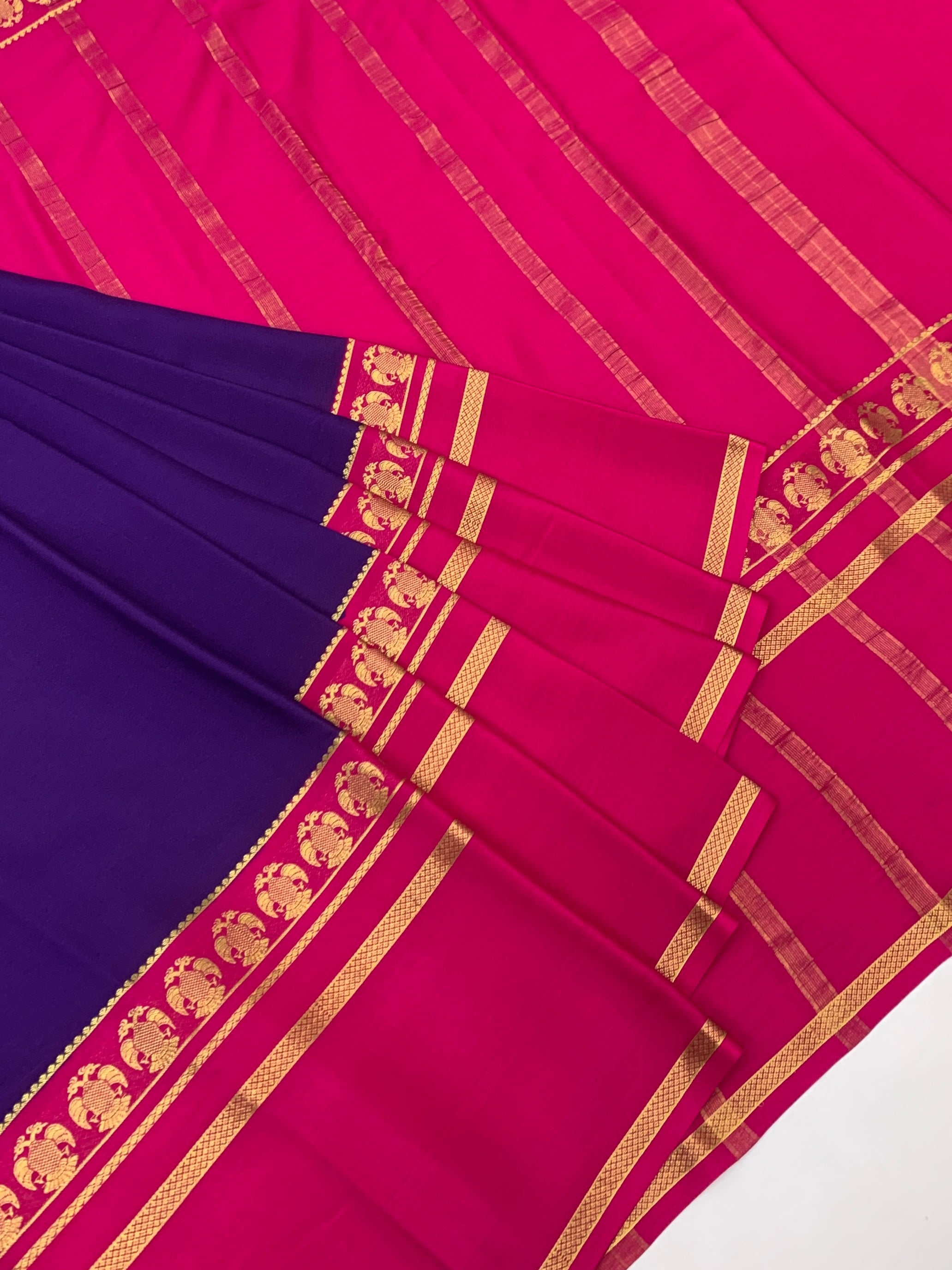 Mysore Silk Saree – Deep Violet & Rani Pink with Traditional Gold Zari Border