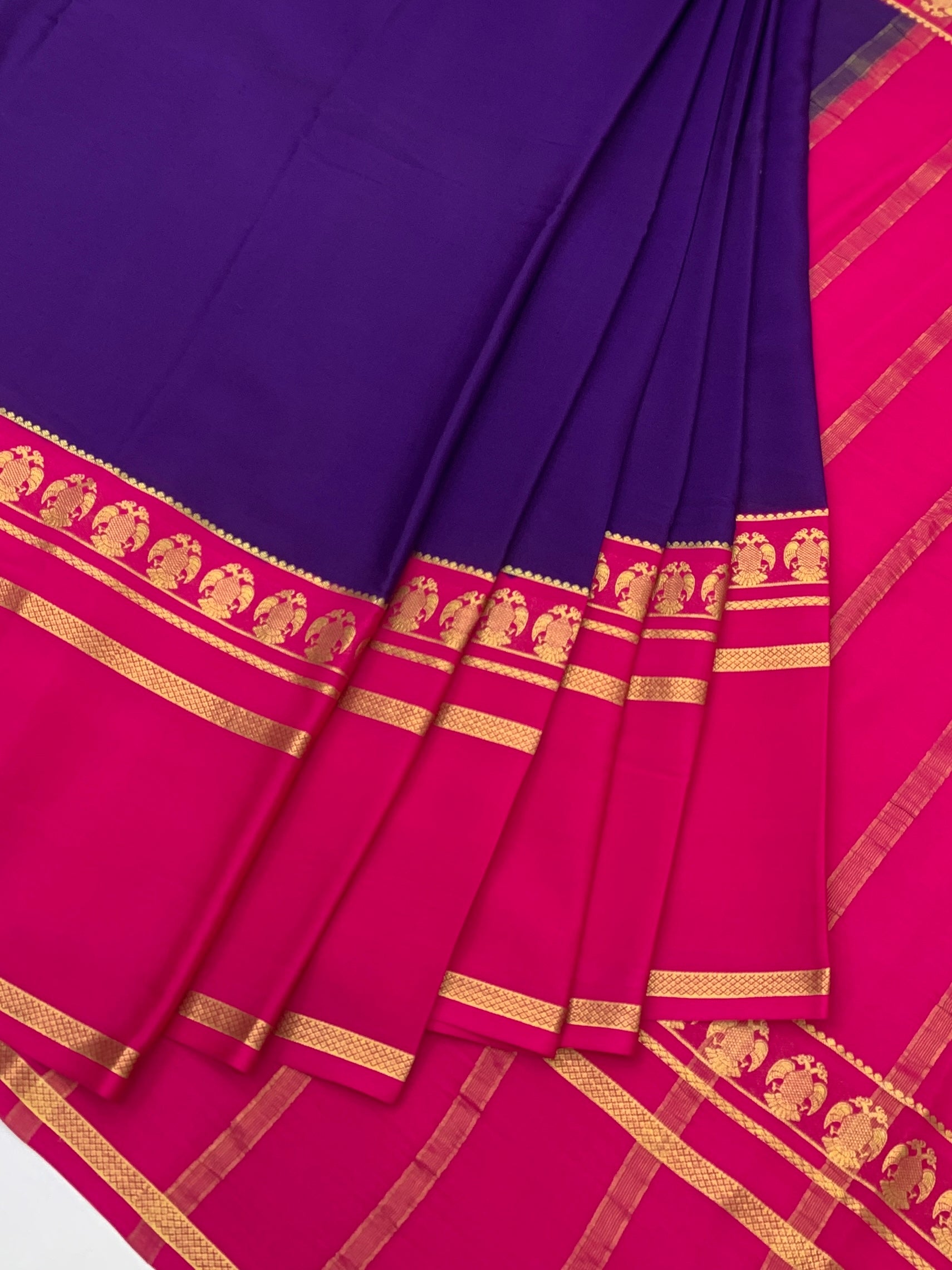 Mysore Silk Saree – Deep Violet & Rani Pink with Traditional Gold Zari Border