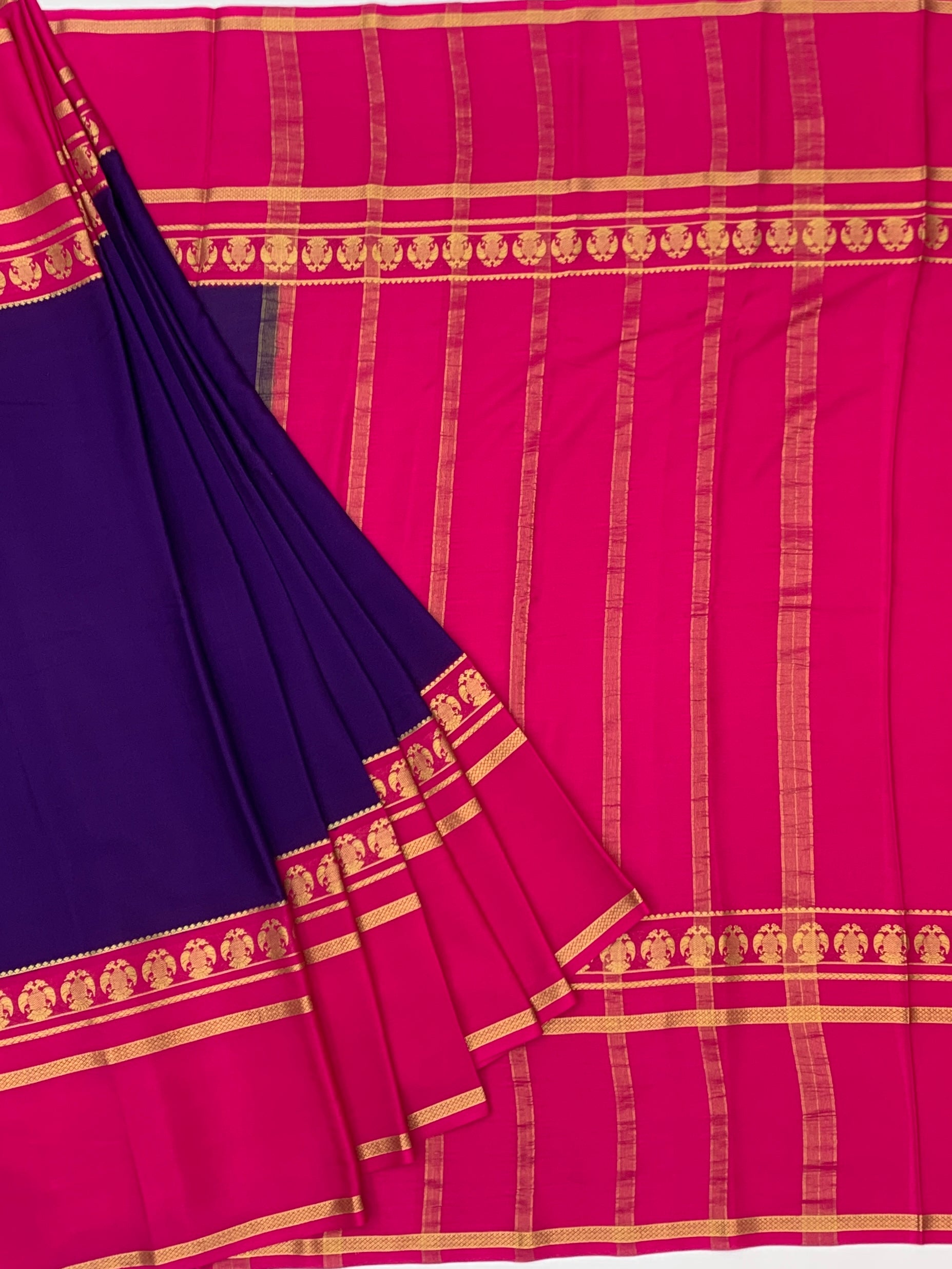 Mysore Silk Saree – Deep Violet & Rani Pink with Traditional Gold Zari Border