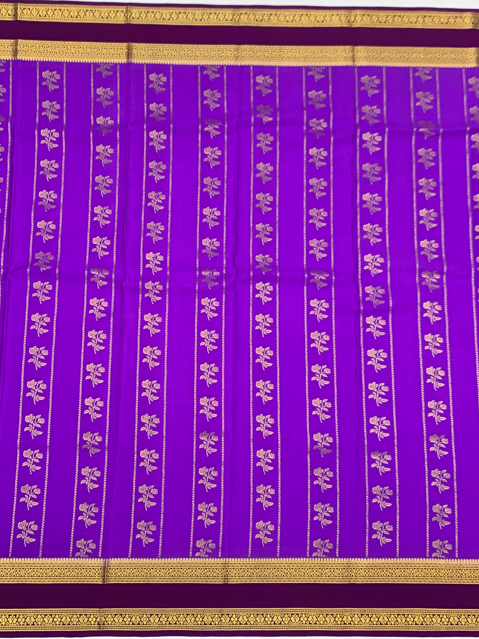 Exquisite Deep Purple Mysore Silk Saree with Gold Zari Floral Motifs