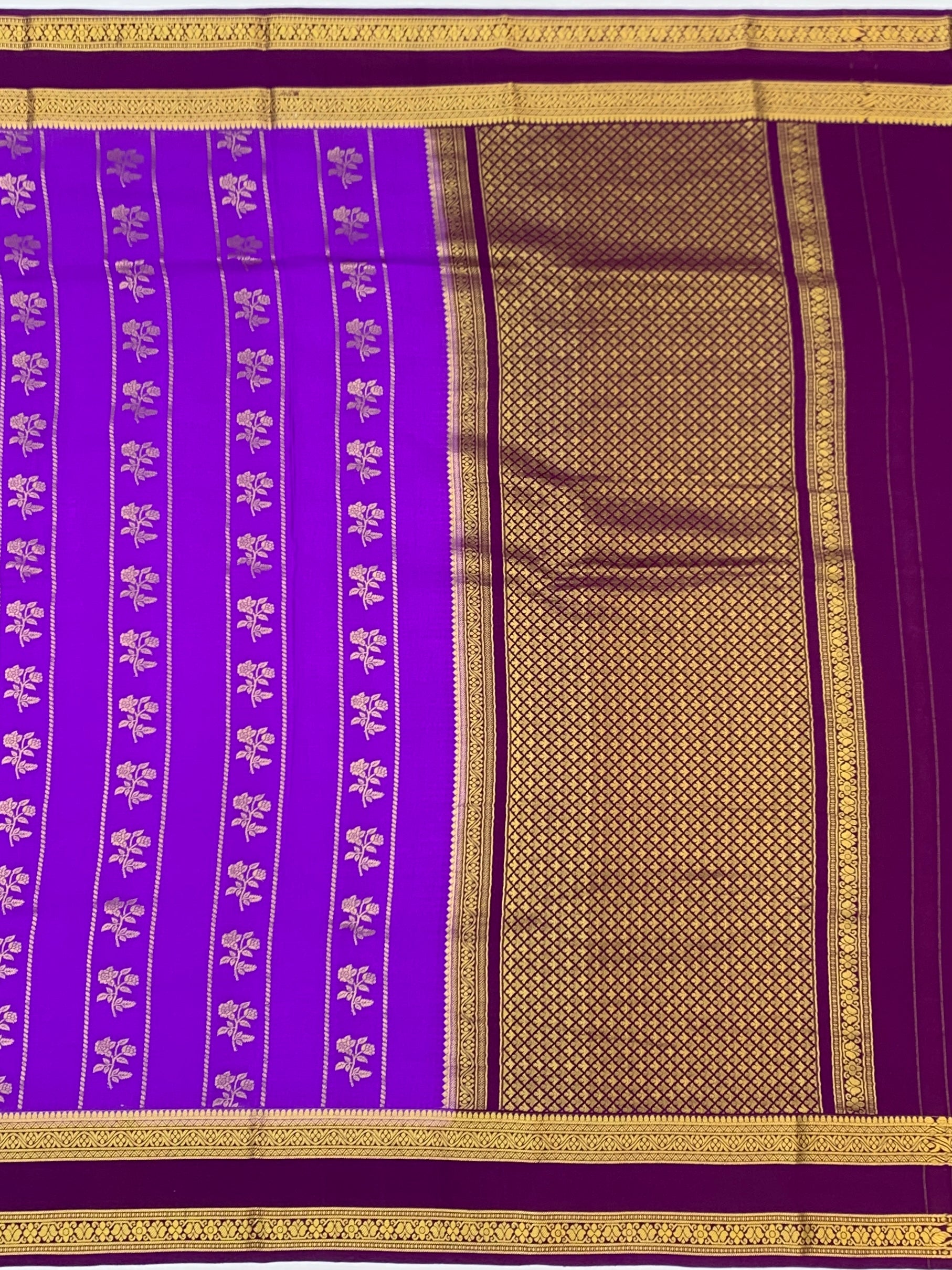 Exquisite Deep Purple Mysore Silk Saree with Gold Zari Floral Motifs