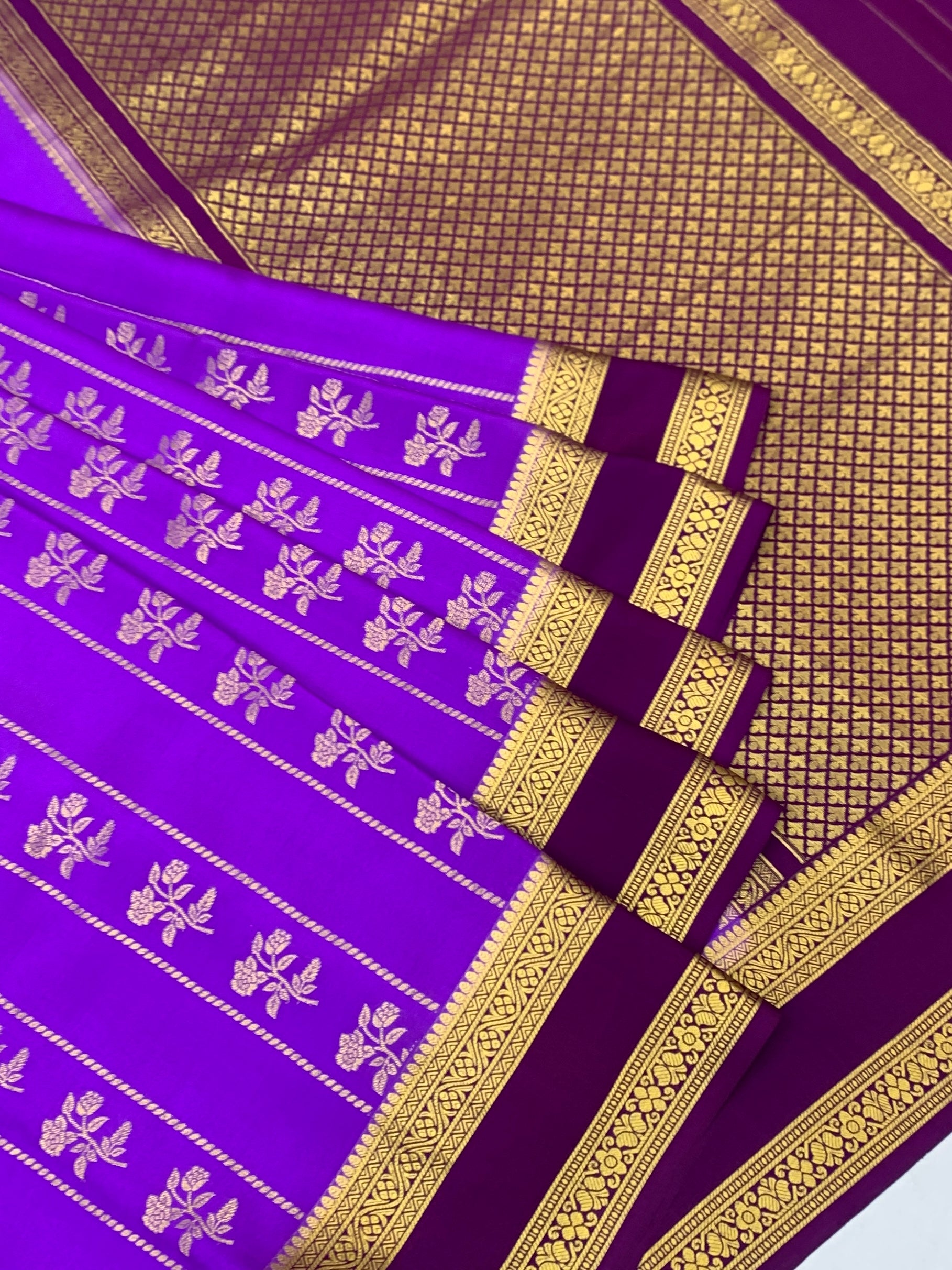 Exquisite Deep Purple Mysore Silk Saree with Gold Zari Floral Motifs