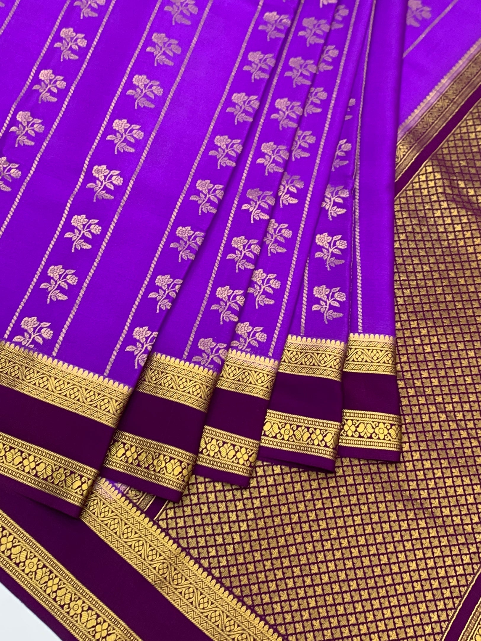 Exquisite Deep Purple Mysore Silk Saree with Gold Zari Floral Motifs