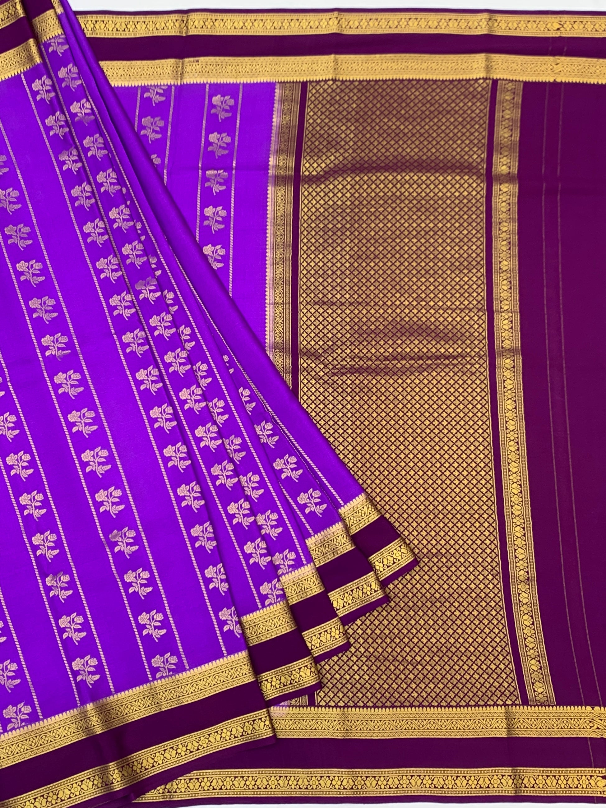 Exquisite Deep Purple Mysore Silk Saree with Gold Zari Floral Motifs