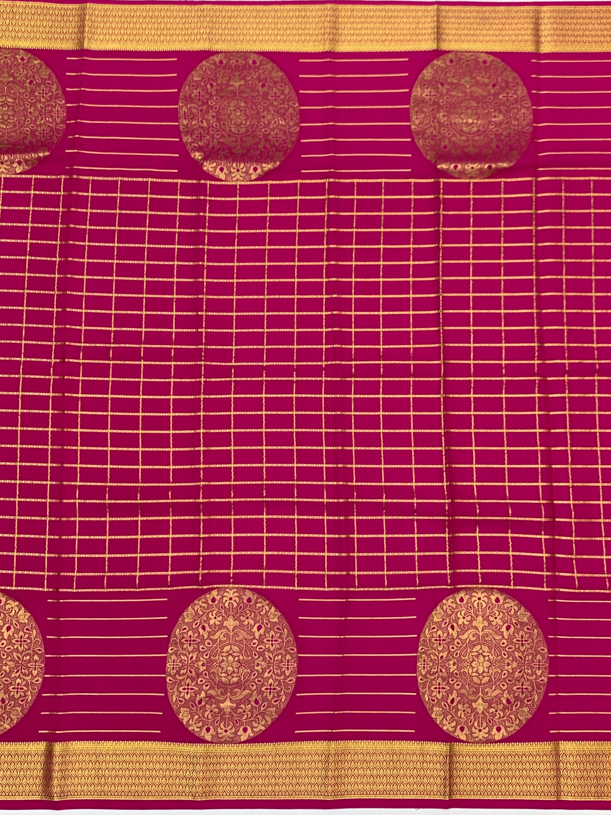 Radiant Rani Pink Mysore Silk Saree with Gold Zari Grid & Rich Pallu