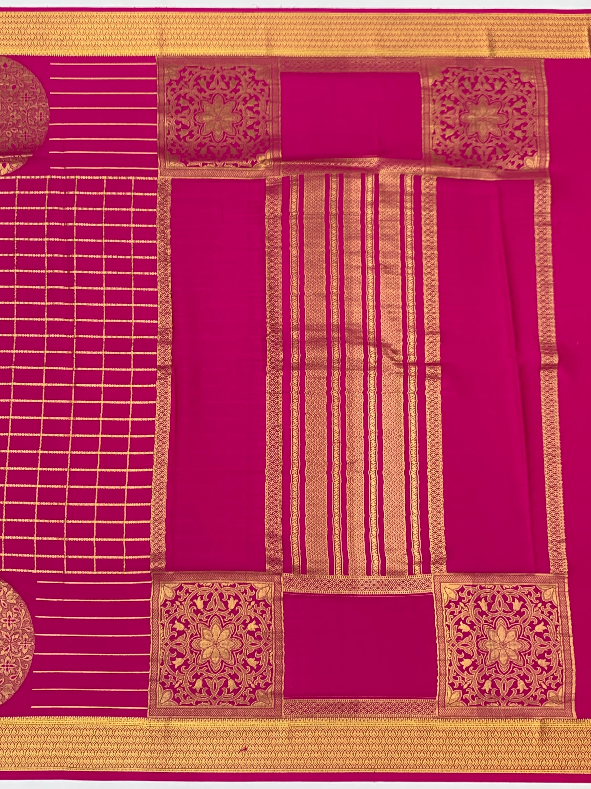 Radiant Rani Pink Mysore Silk Saree with Gold Zari Grid & Rich Pallu