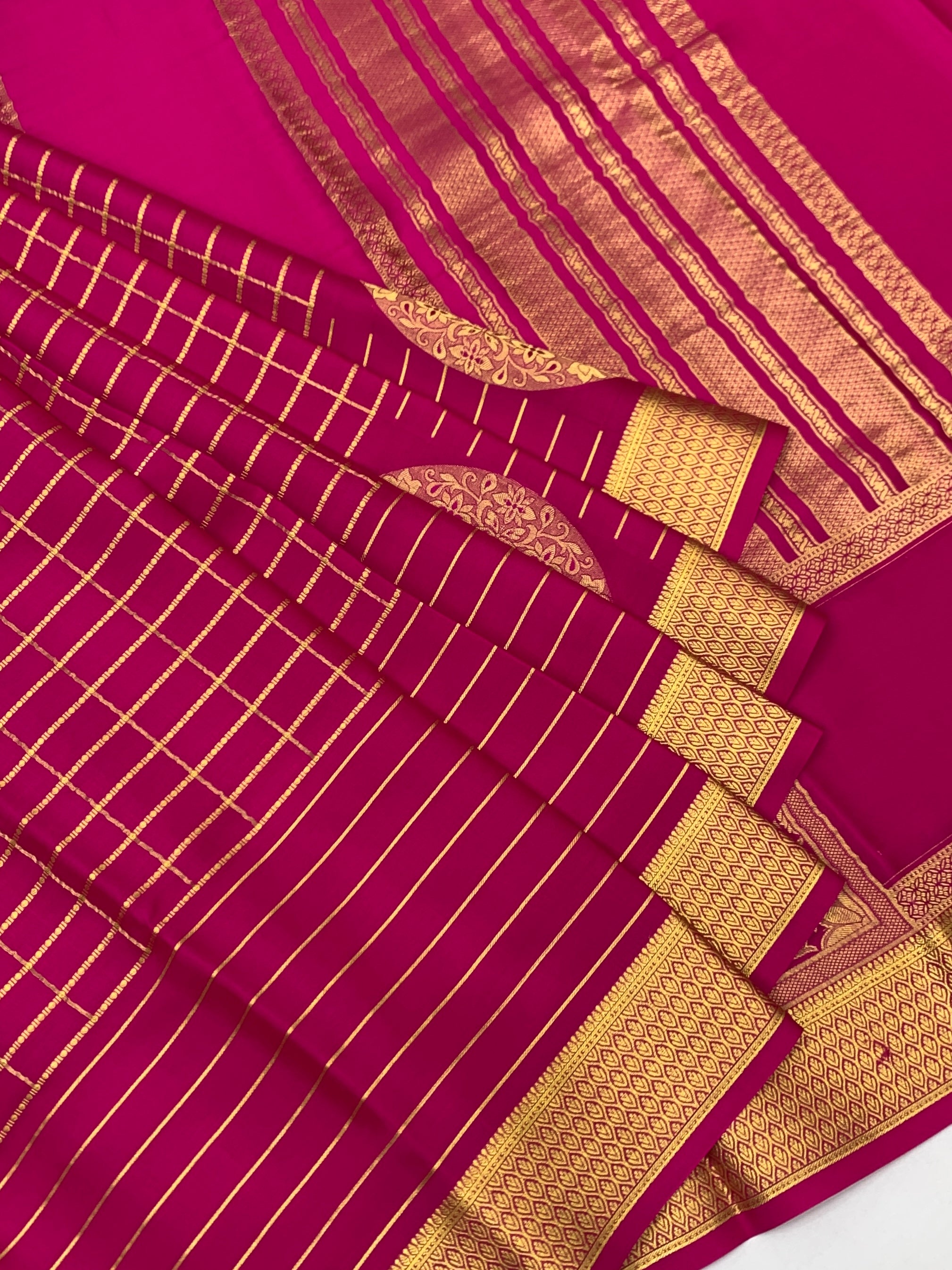 Radiant Rani Pink Mysore Silk Saree with Gold Zari Grid & Rich Pallu