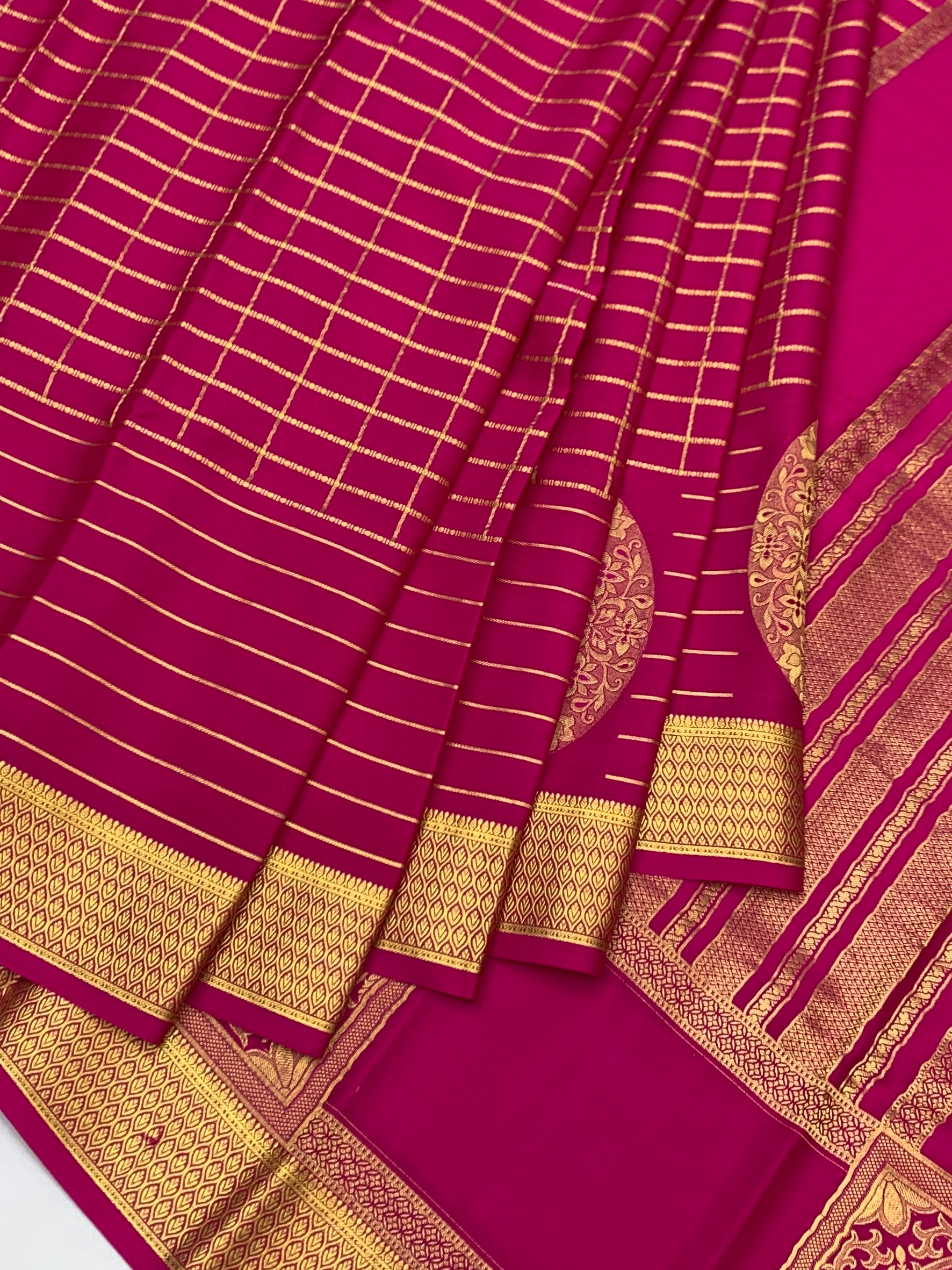 Radiant Rani Pink Mysore Silk Saree with Gold Zari Grid & Rich Pallu