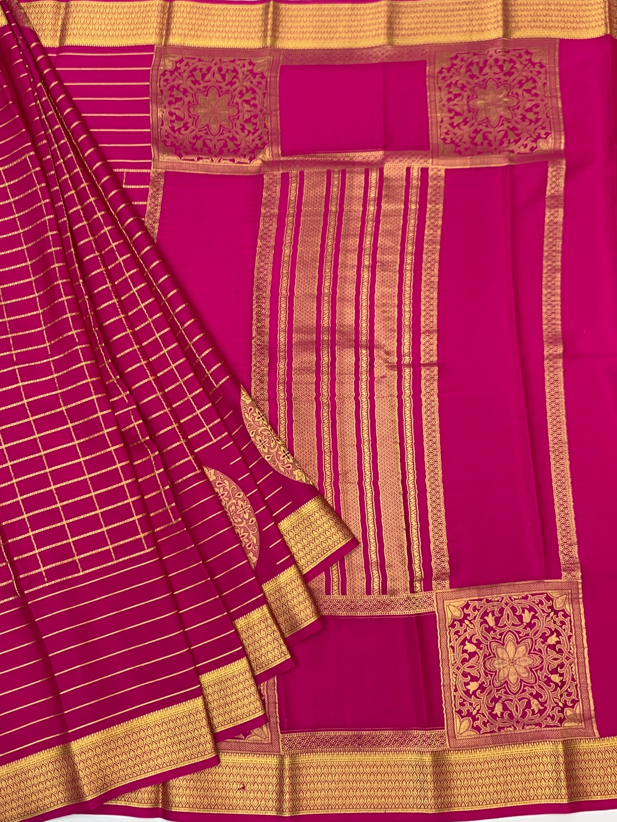 Radiant Rani Pink Mysore Silk Saree with Gold Zari Grid & Rich Pallu