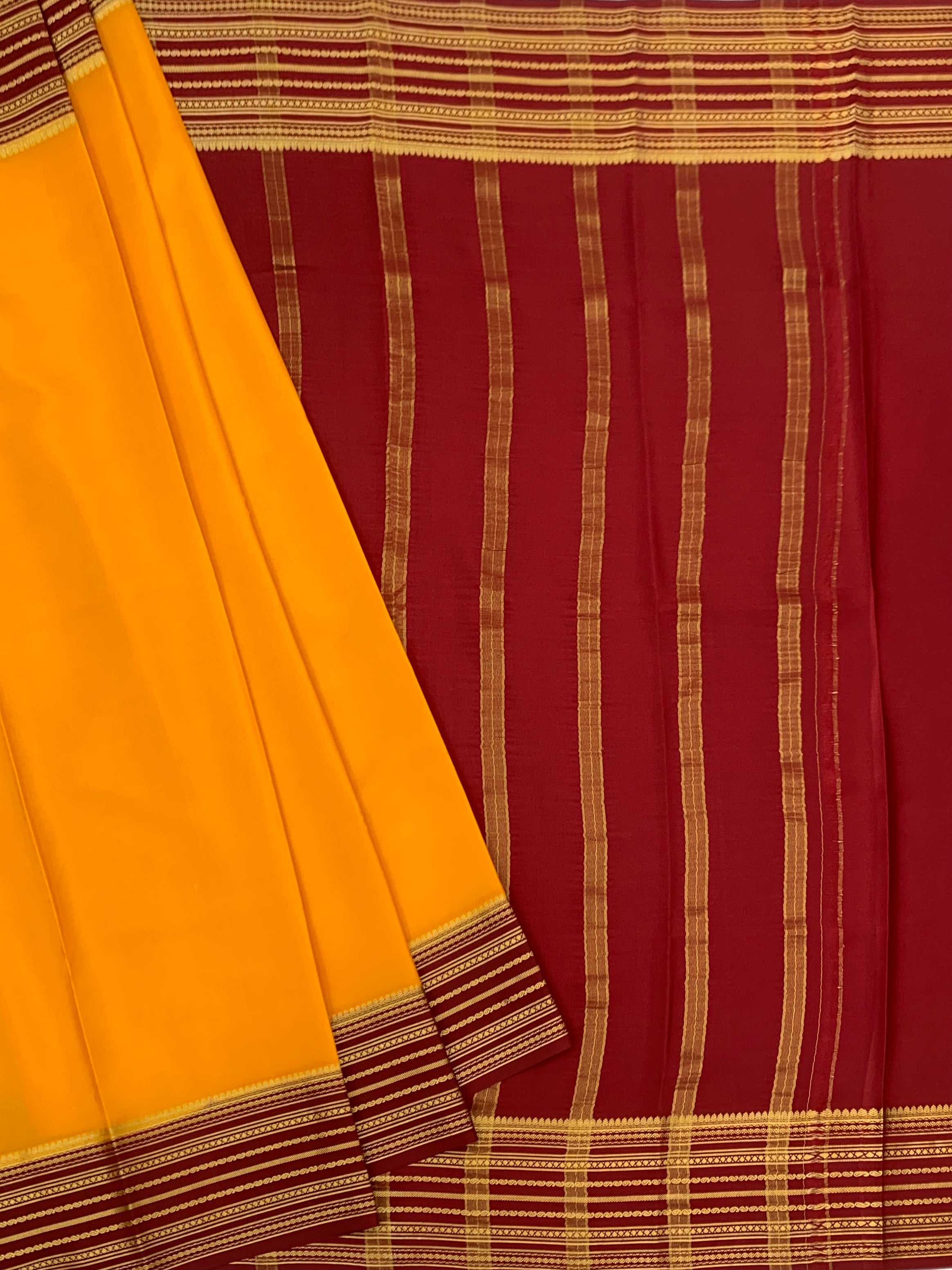 Heritage Mysore Silk Saree – Sun-Kissed Yellow & Deep Maroon