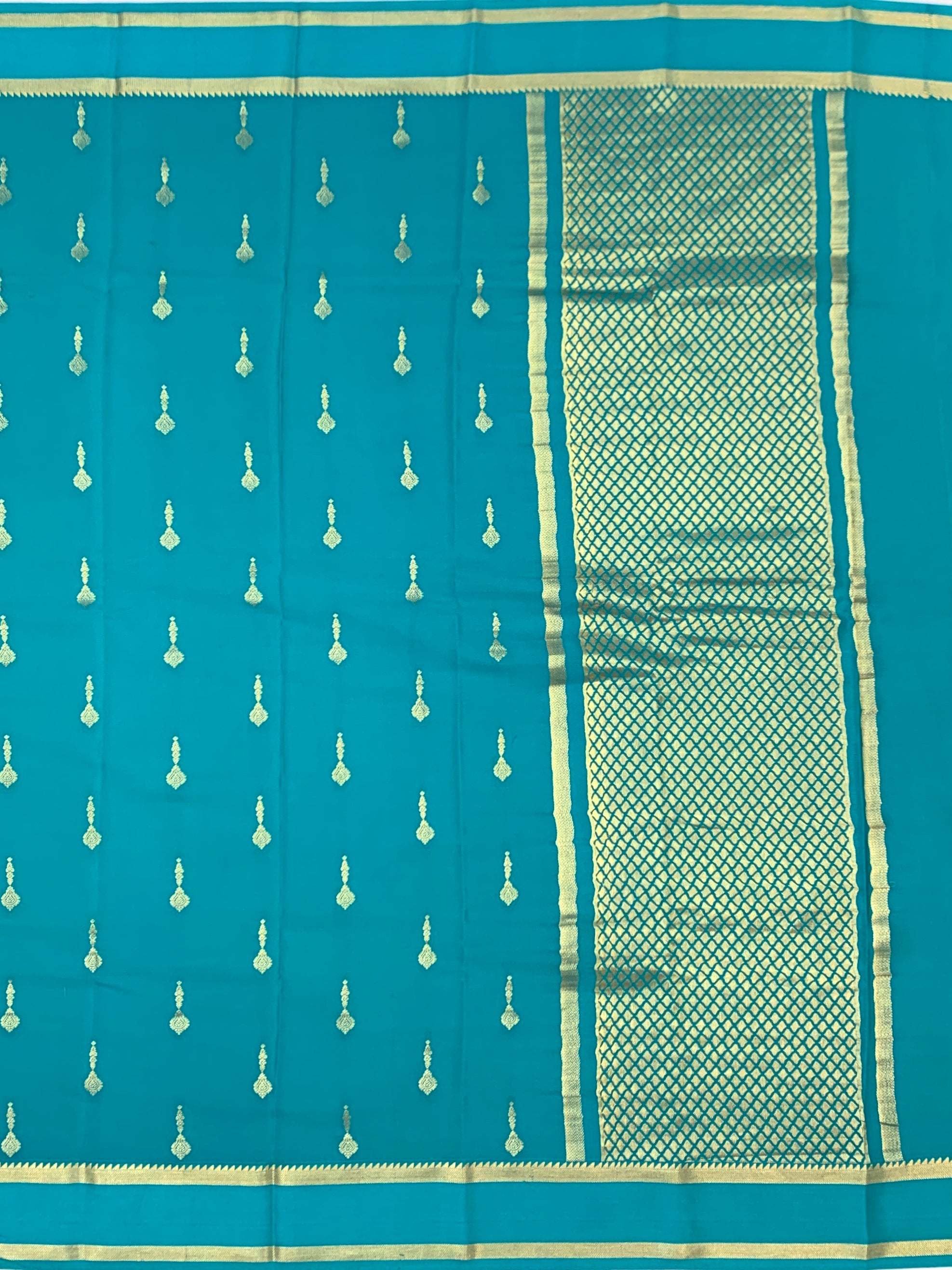 Elegant Turquoise Blue Mysore Silk Saree with Gold Zari Motifs