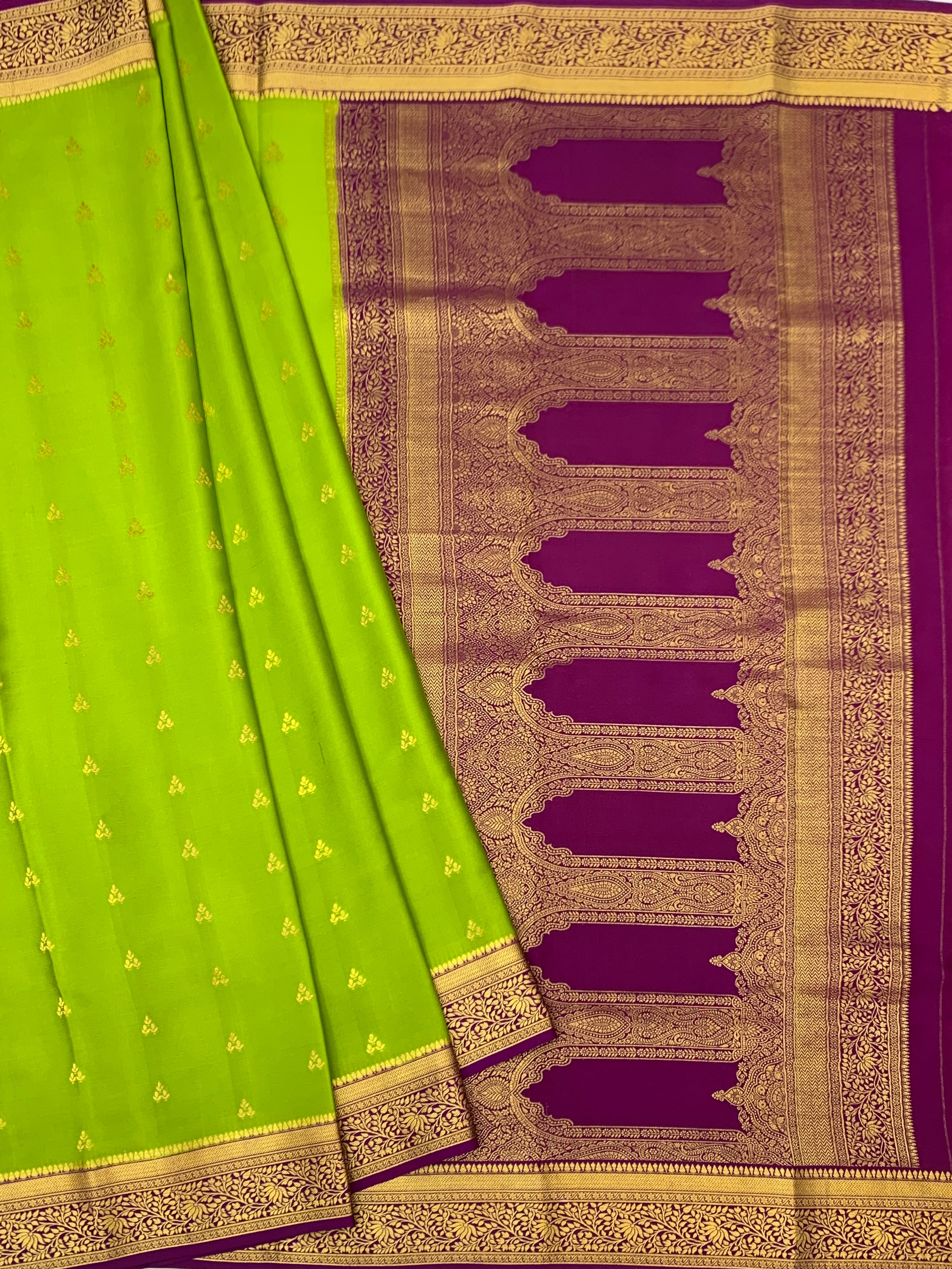 Exquisite Parrot Green & Wine Mysore Silk Saree