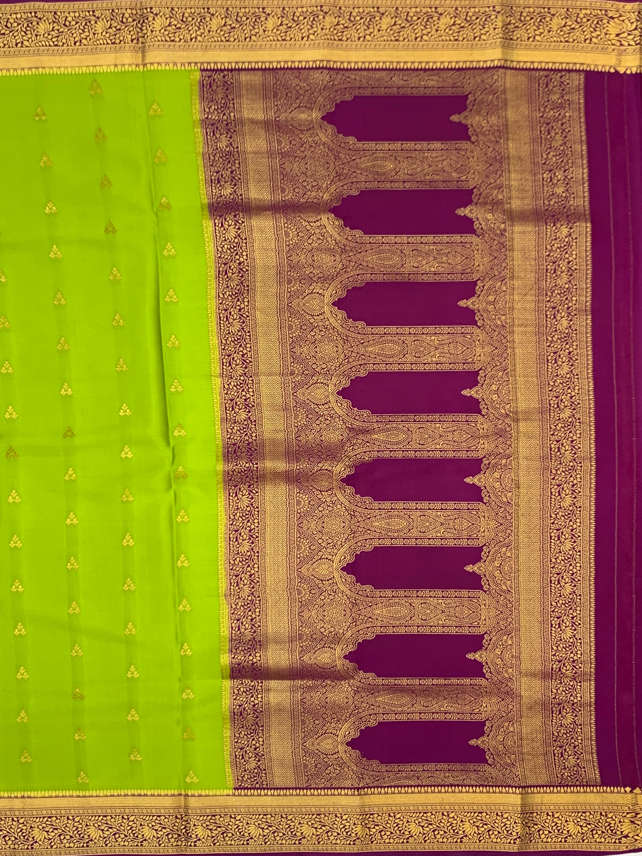 Exquisite Parrot Green & Wine Mysore Silk Saree