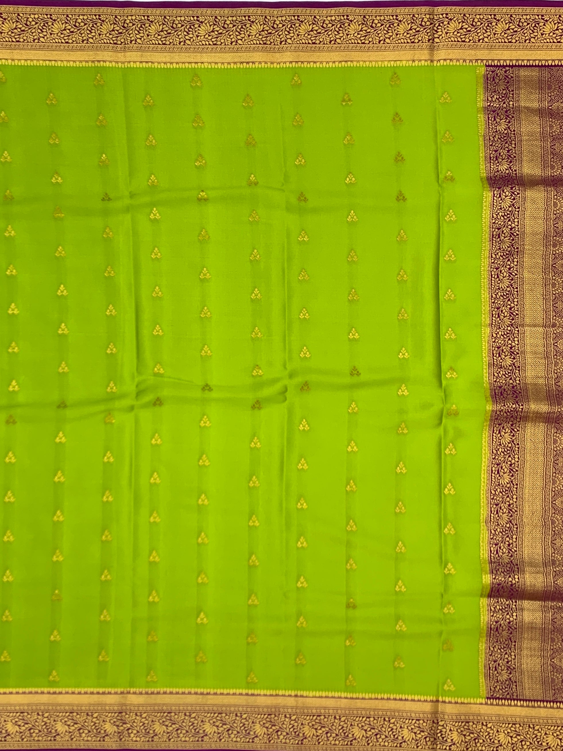 Exquisite Parrot Green & Wine Mysore Silk Saree
