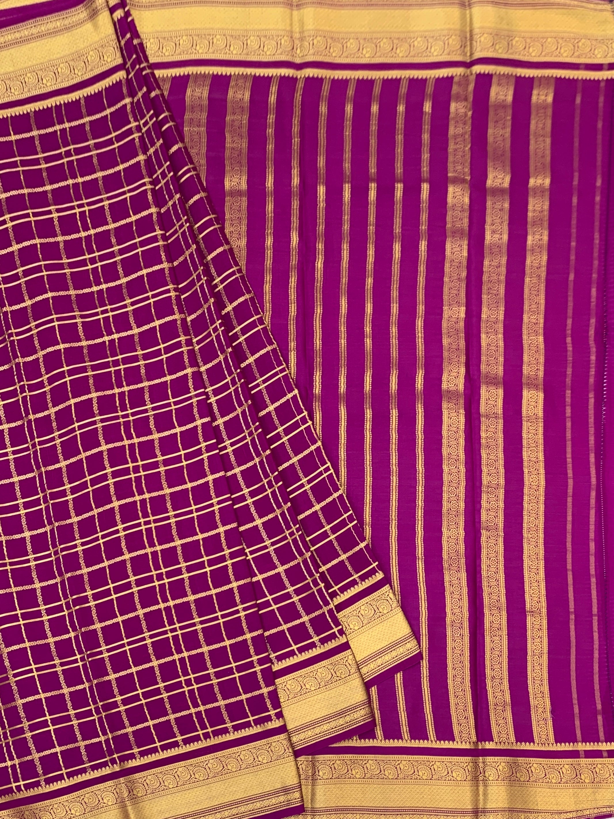 Exquisite Magenta Pink Mysore Silk Saree with Traditional Gold Zari Checkers & Stripes