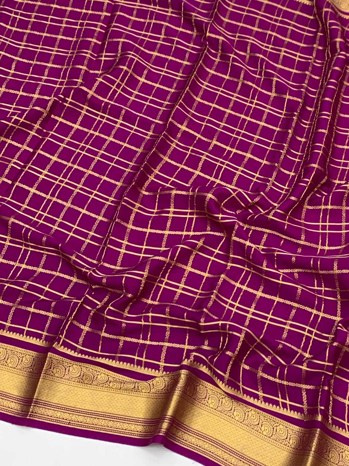 Exquisite Magenta Pink Mysore Silk Saree with Traditional Gold Zari Checkers & Stripes
