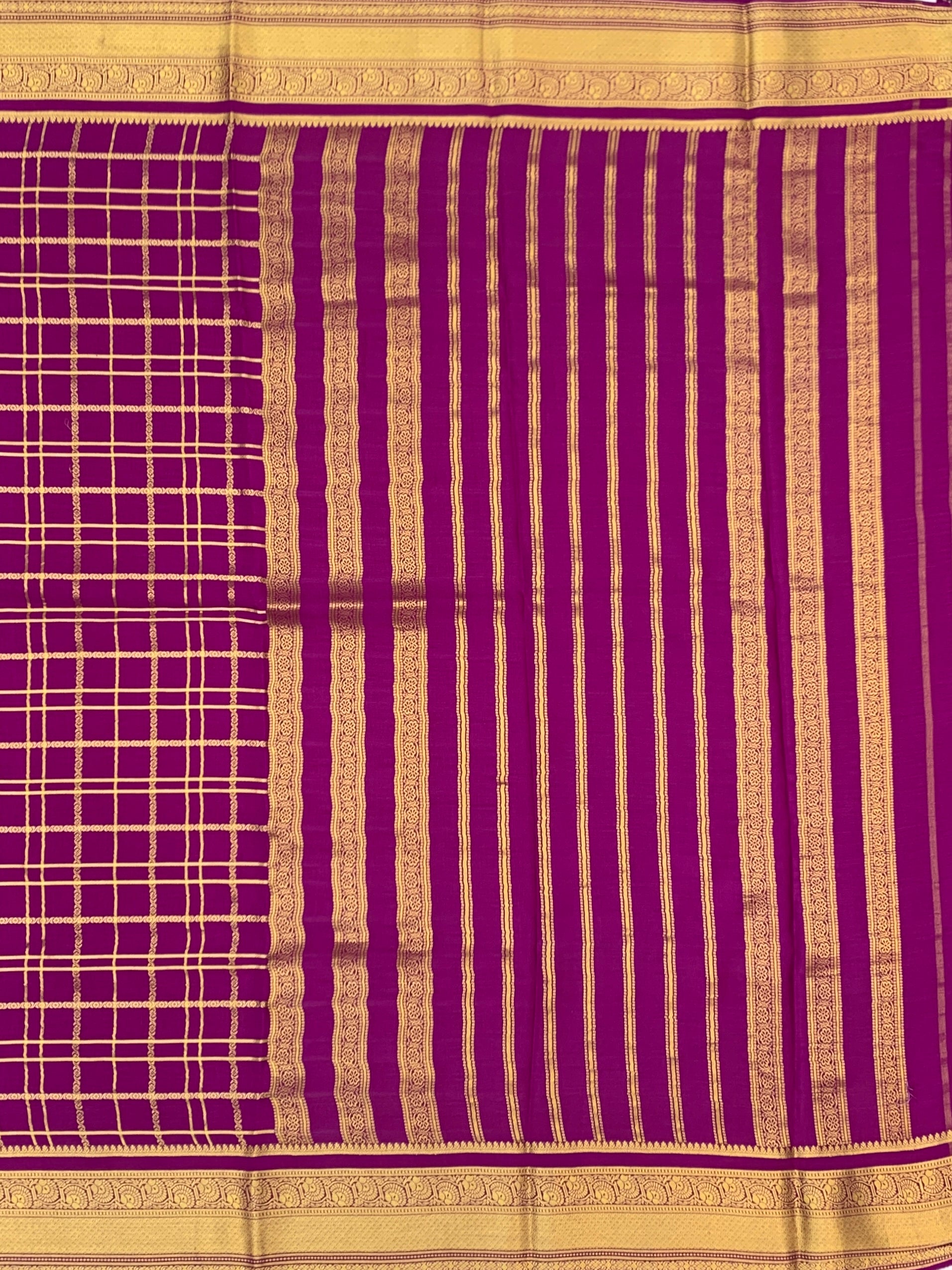 Exquisite Magenta Pink Mysore Silk Saree with Traditional Gold Zari Checkers & Stripes