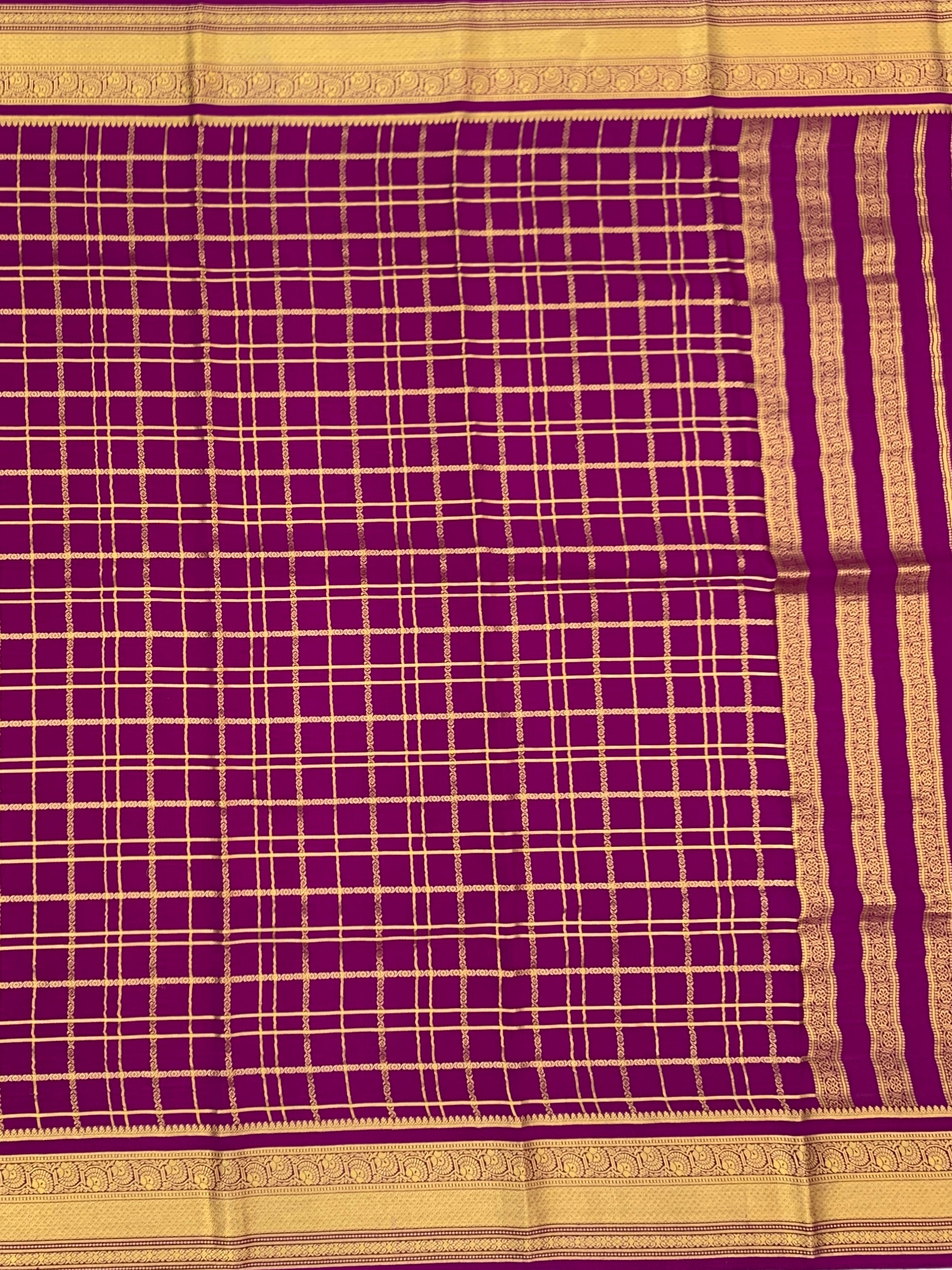 Exquisite Magenta Pink Mysore Silk Saree with Traditional Gold Zari Checkers & Stripes