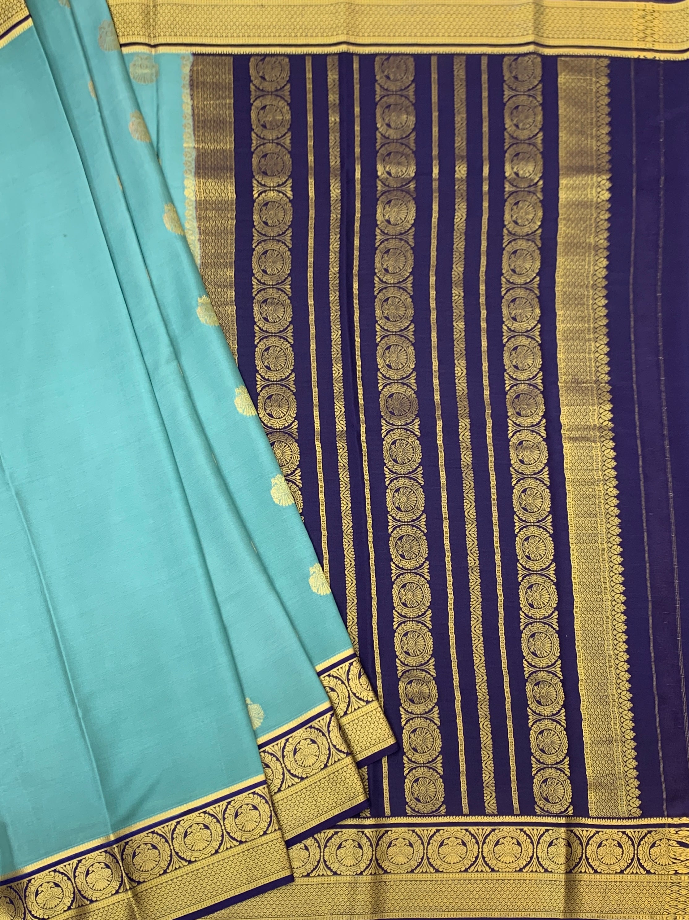 Royal Contrast: Seafoam Teal & Navy Blue Mysore Silk Saree