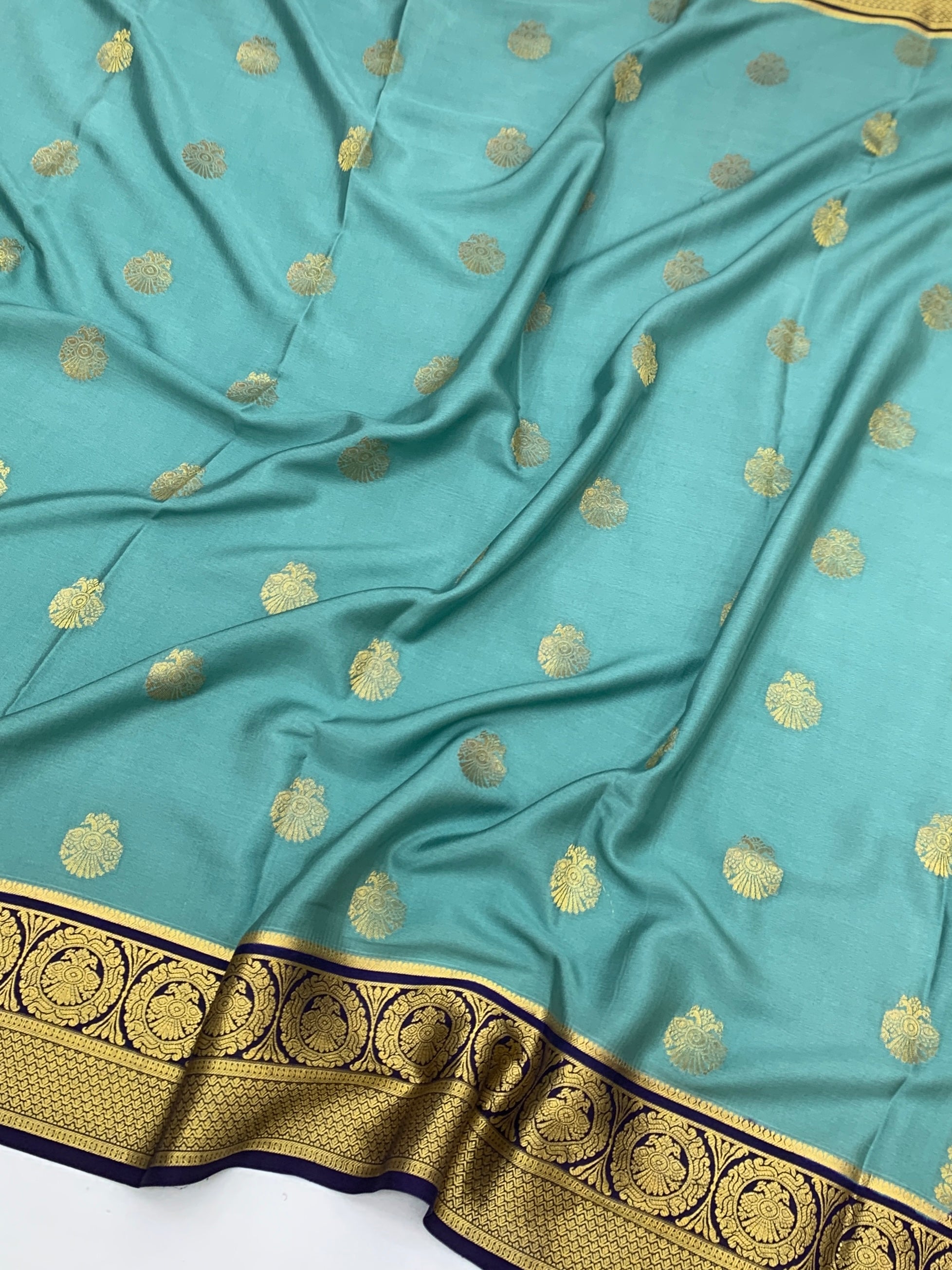 Royal Contrast: Seafoam Teal & Navy Blue Mysore Silk Saree