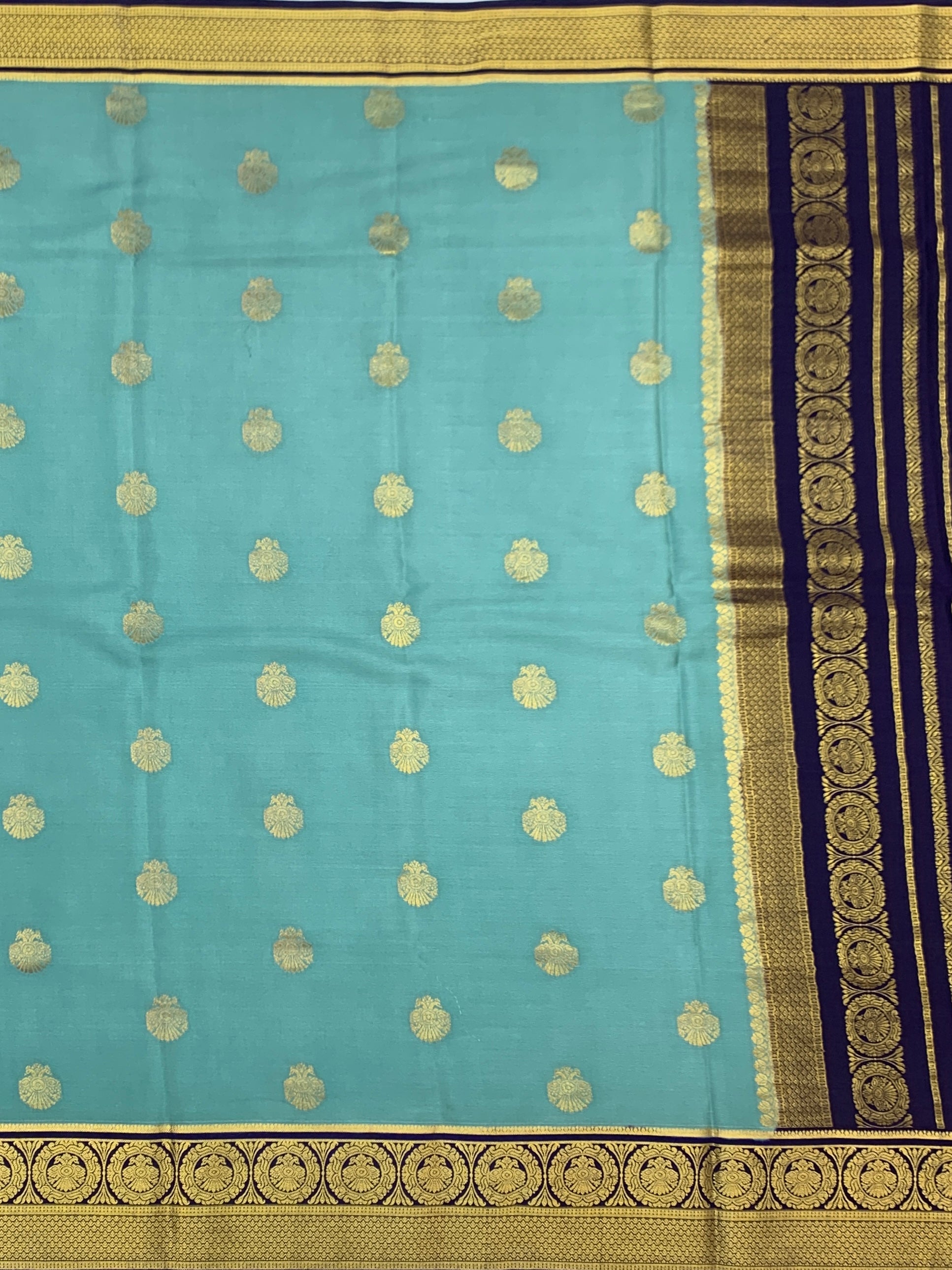 Royal Contrast: Seafoam Teal & Navy Blue Mysore Silk Saree