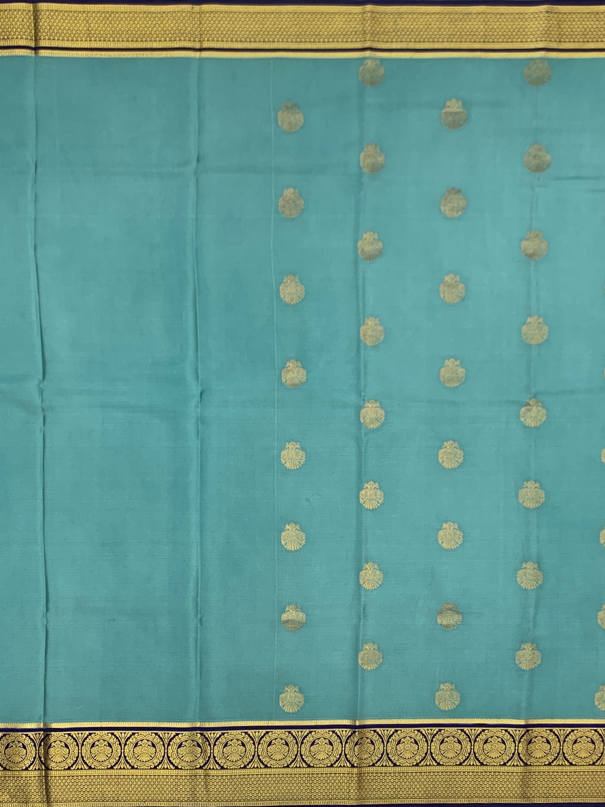 Royal Contrast: Seafoam Teal & Navy Blue Mysore Silk Saree