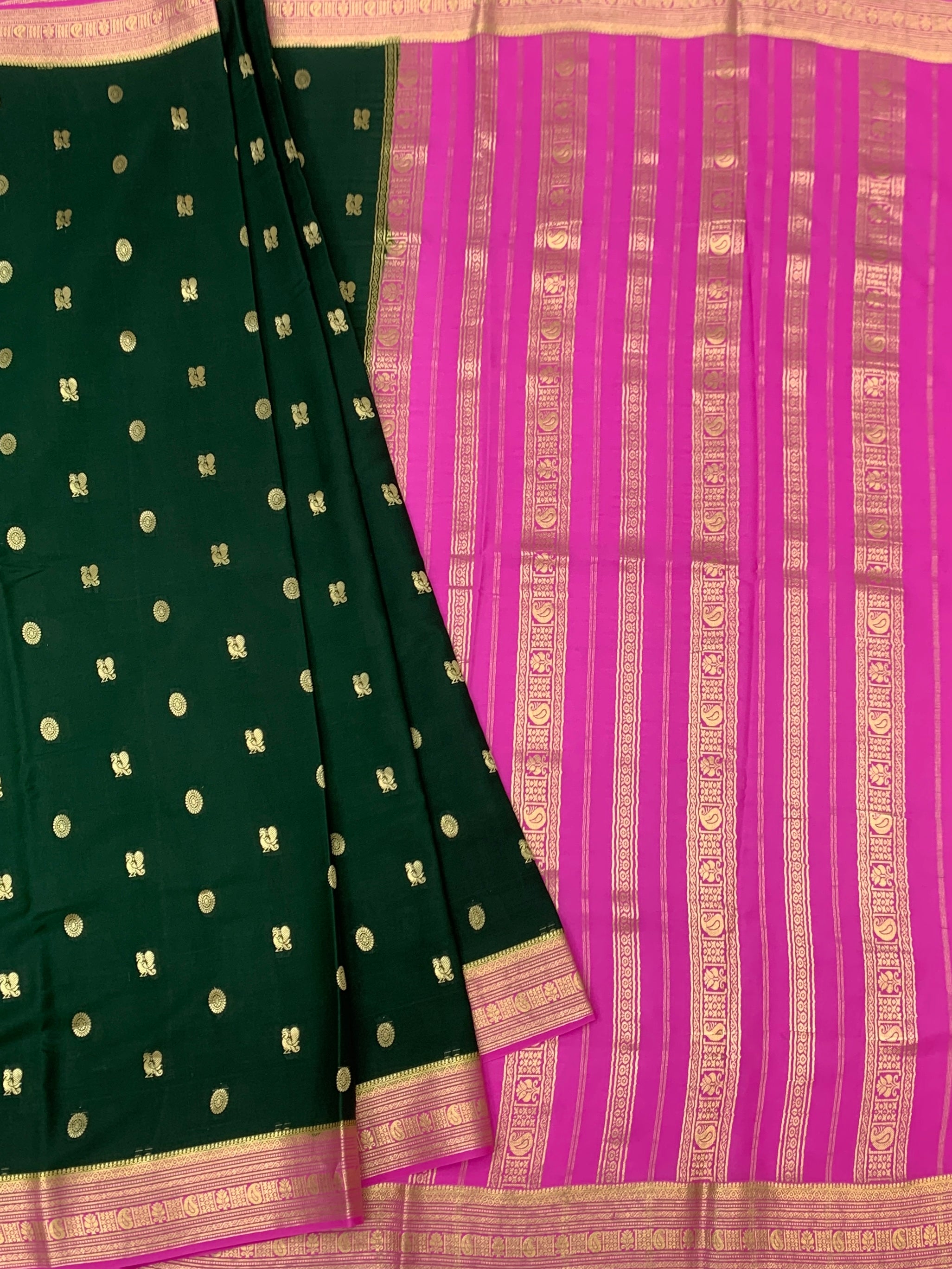 Deep Bottle Green & Light Magenta Mysore Silk Saree with Gold Zari