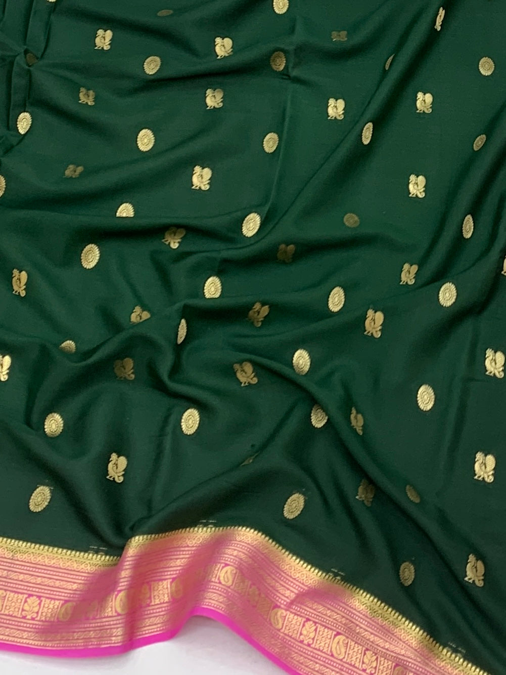 Deep Bottle Green & Light Magenta Mysore Silk Saree with Gold Zari