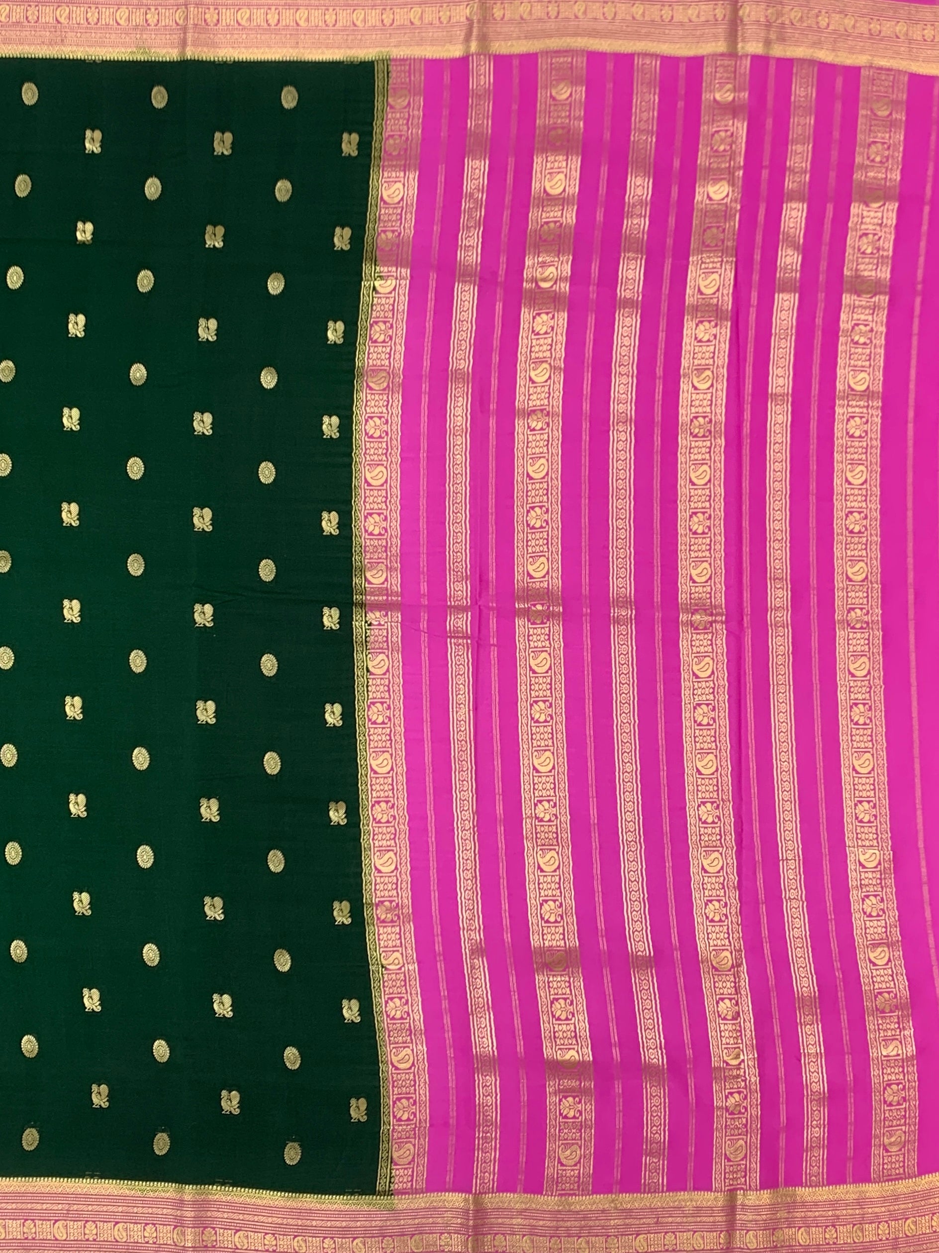 Deep Bottle Green & Light Magenta Mysore Silk Saree with Gold Zari
