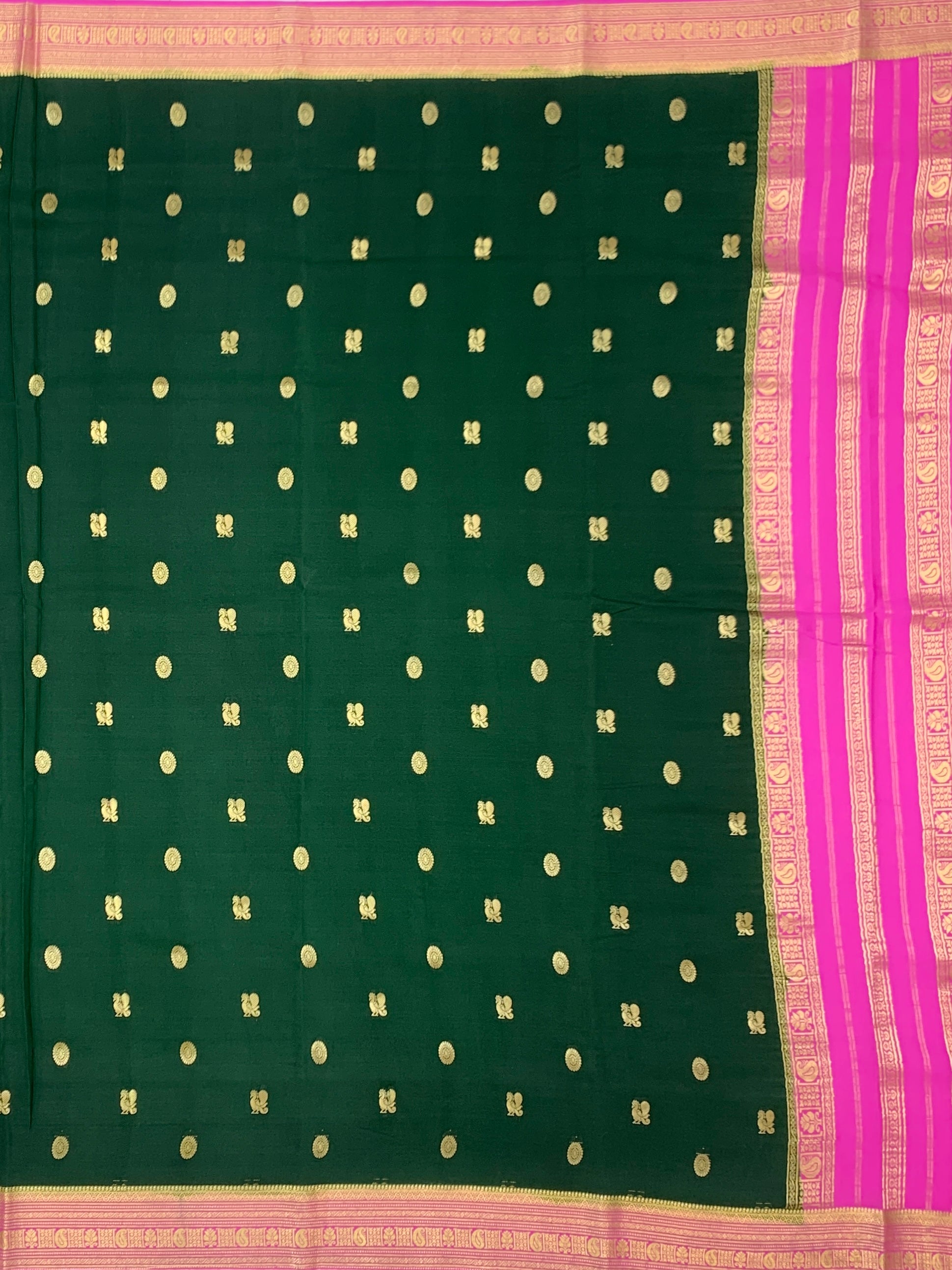 Deep Bottle Green & Light Magenta Mysore Silk Saree with Gold Zari