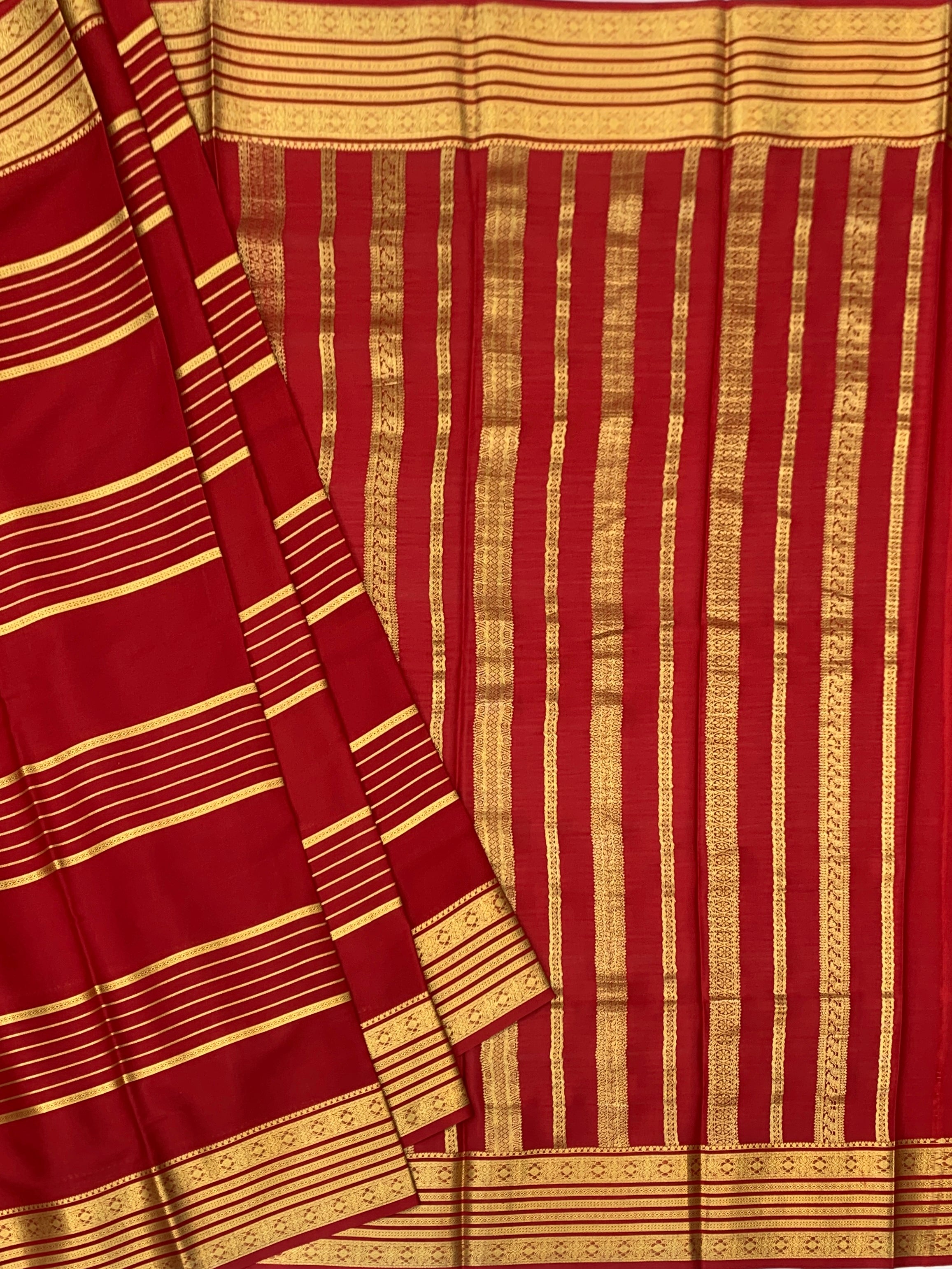 Classic Crimson Red Mysore Silk Saree with Gold Zari Stripes