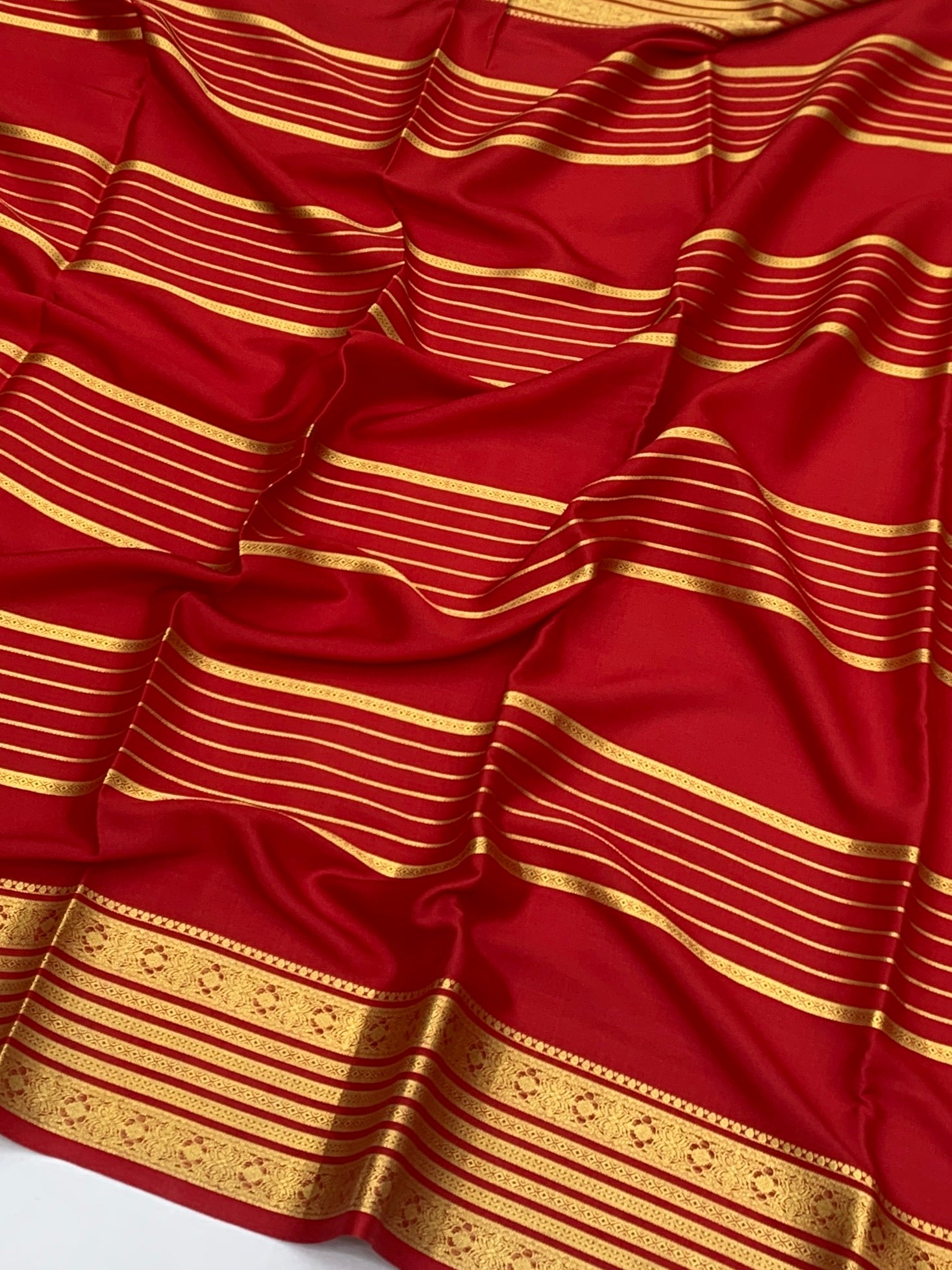 Classic Crimson Red Mysore Silk Saree with Gold Zari Stripes