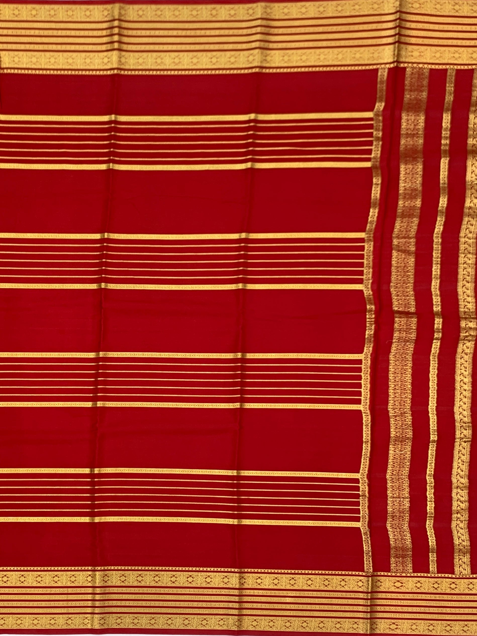 Classic Crimson Red Mysore Silk Saree with Gold Zari Stripes