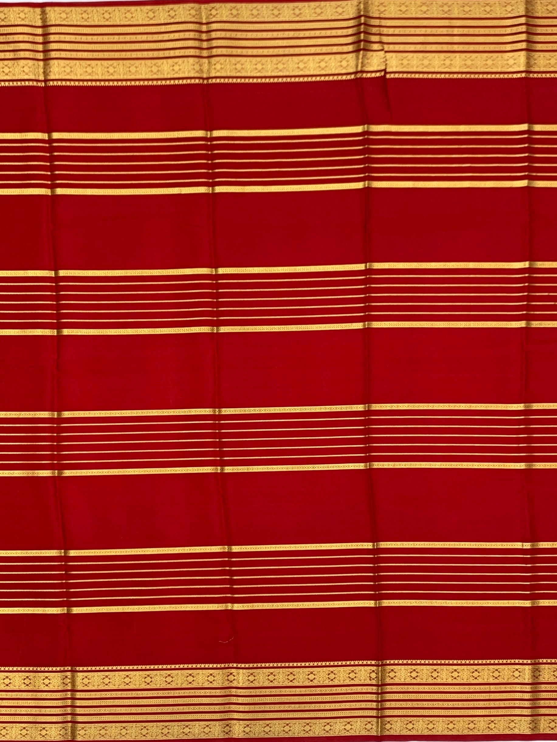 Classic Crimson Red Mysore Silk Saree with Gold Zari Stripes