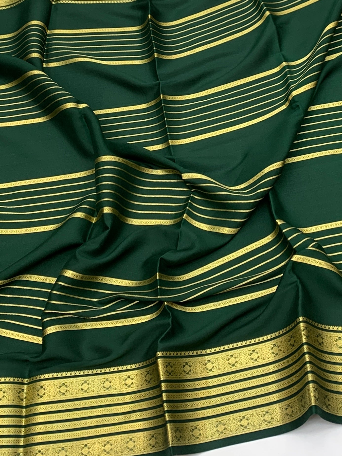 Exquisite Bottle Green Mysore Silk Saree with Gold Zari Stripes