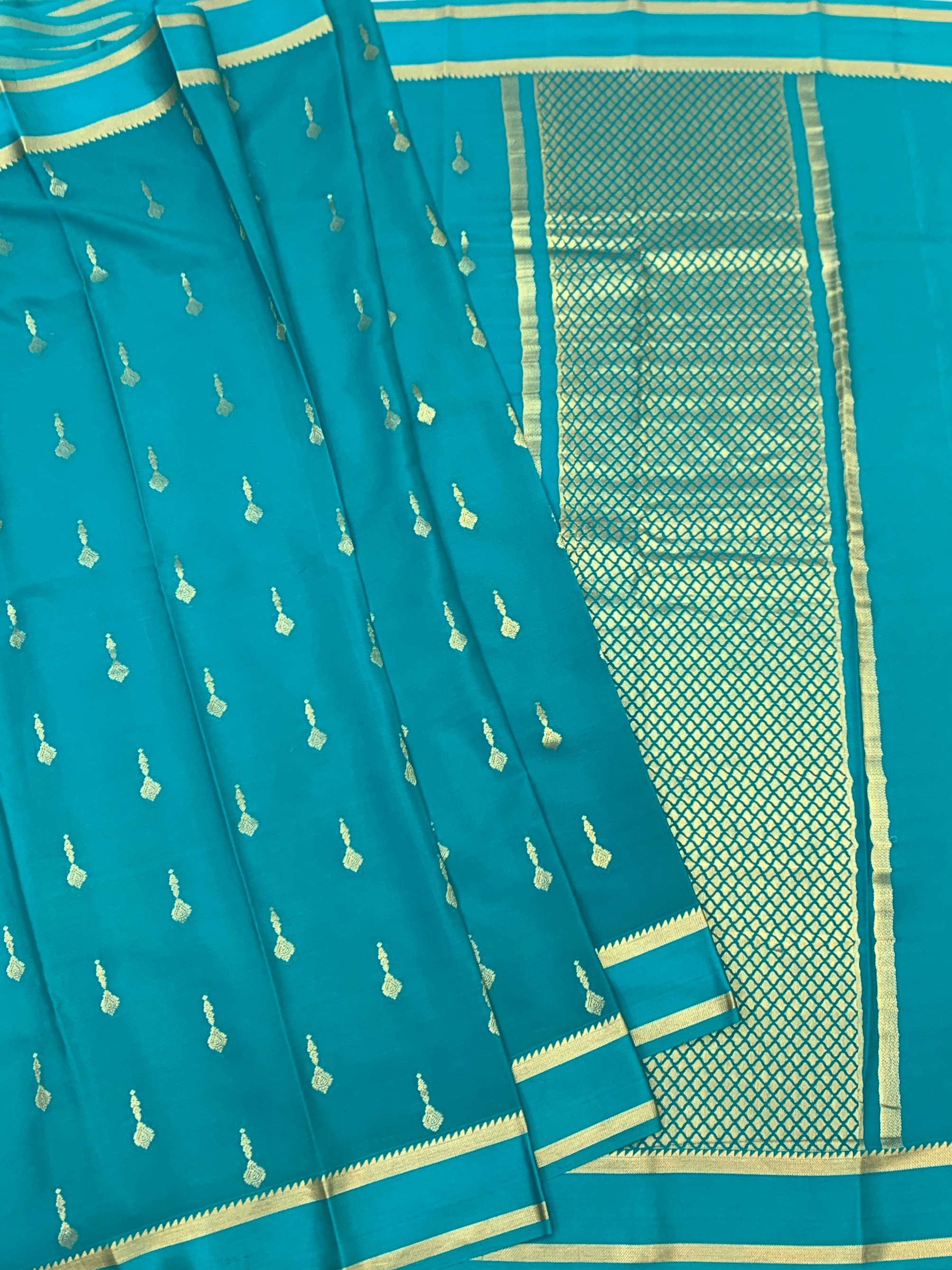 Elegant Turquoise Blue Mysore Silk Saree with Gold Zari Motifs