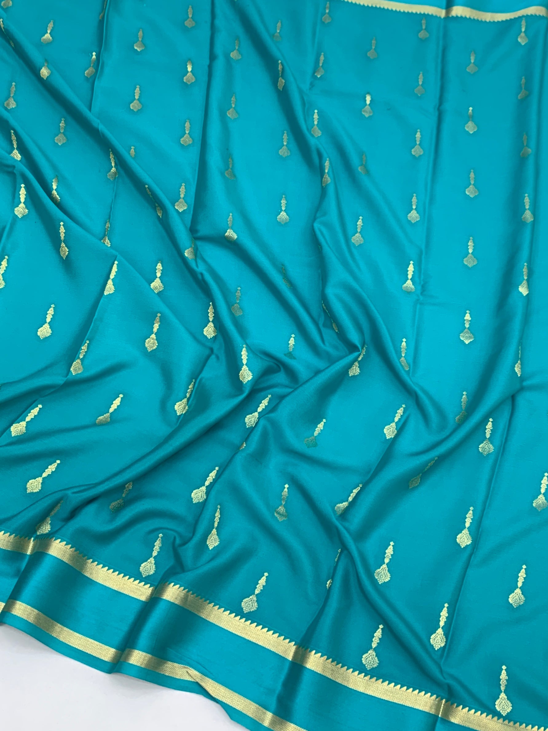 Elegant Turquoise Blue Mysore Silk Saree with Gold Zari Motifs