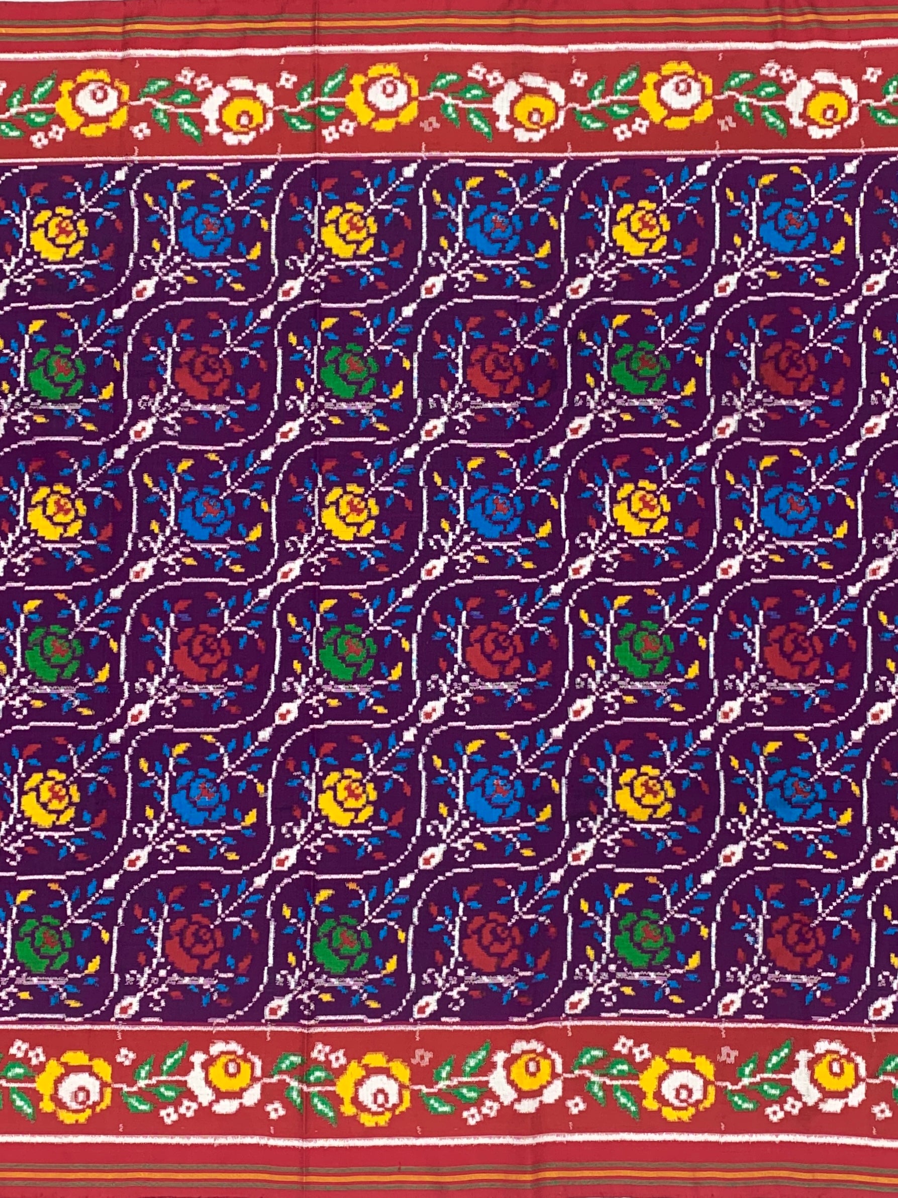 Exquisite Handwoven Patan Patola Silk Saree – Deep Aubergine & Crimson Floral Jaal