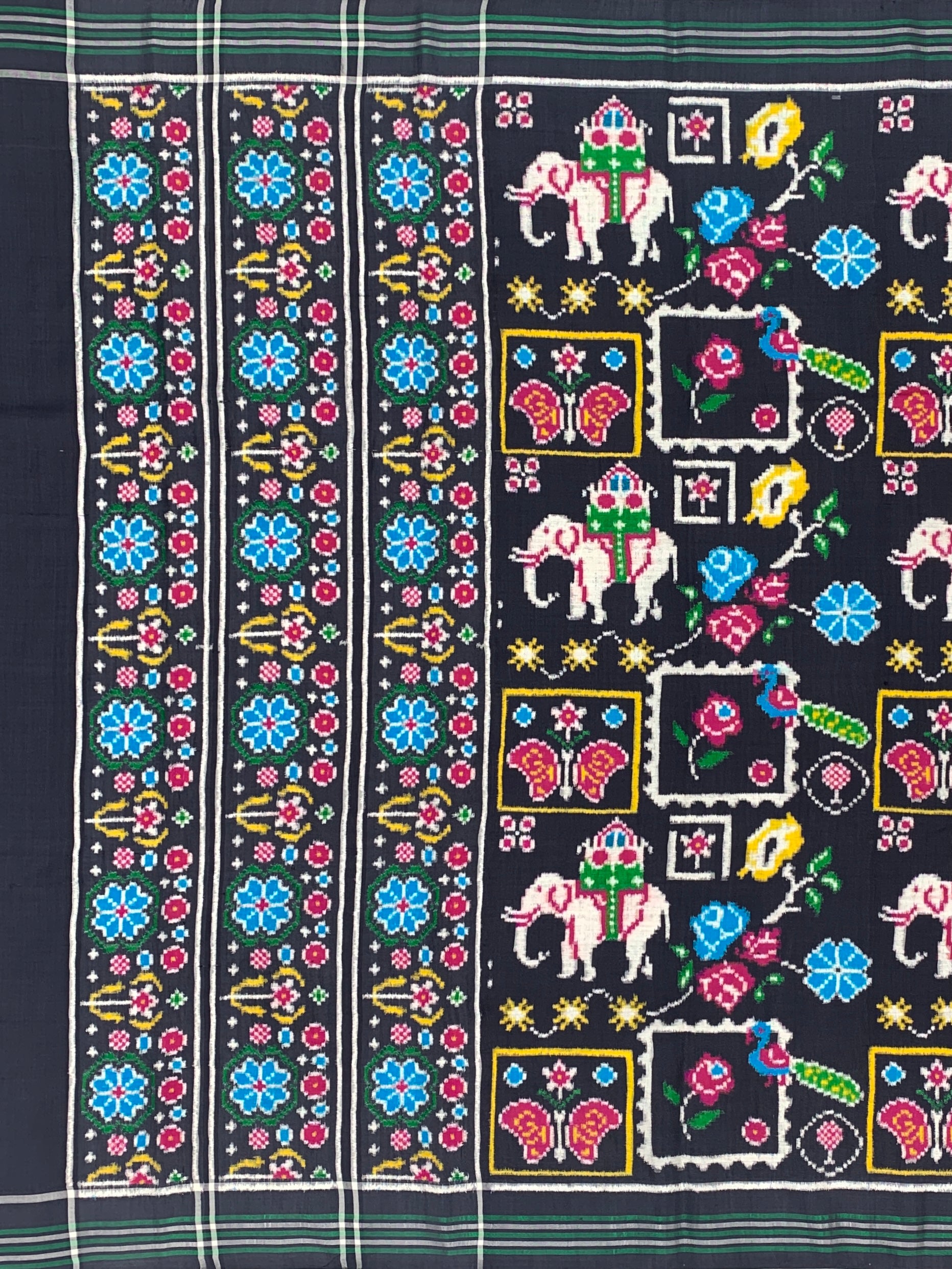 Exquisite Handwoven Patan Patola Silk Saree – Royal Black with Ceremonial Elephant & Cyan Floral Pallu