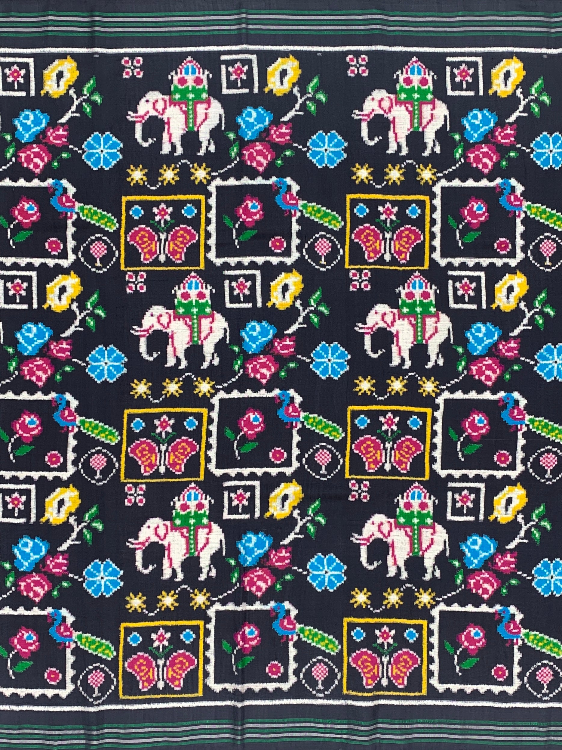 Exquisite Handwoven Patan Patola Silk Saree – Royal Black with Ceremonial Elephant & Cyan Floral Pallu