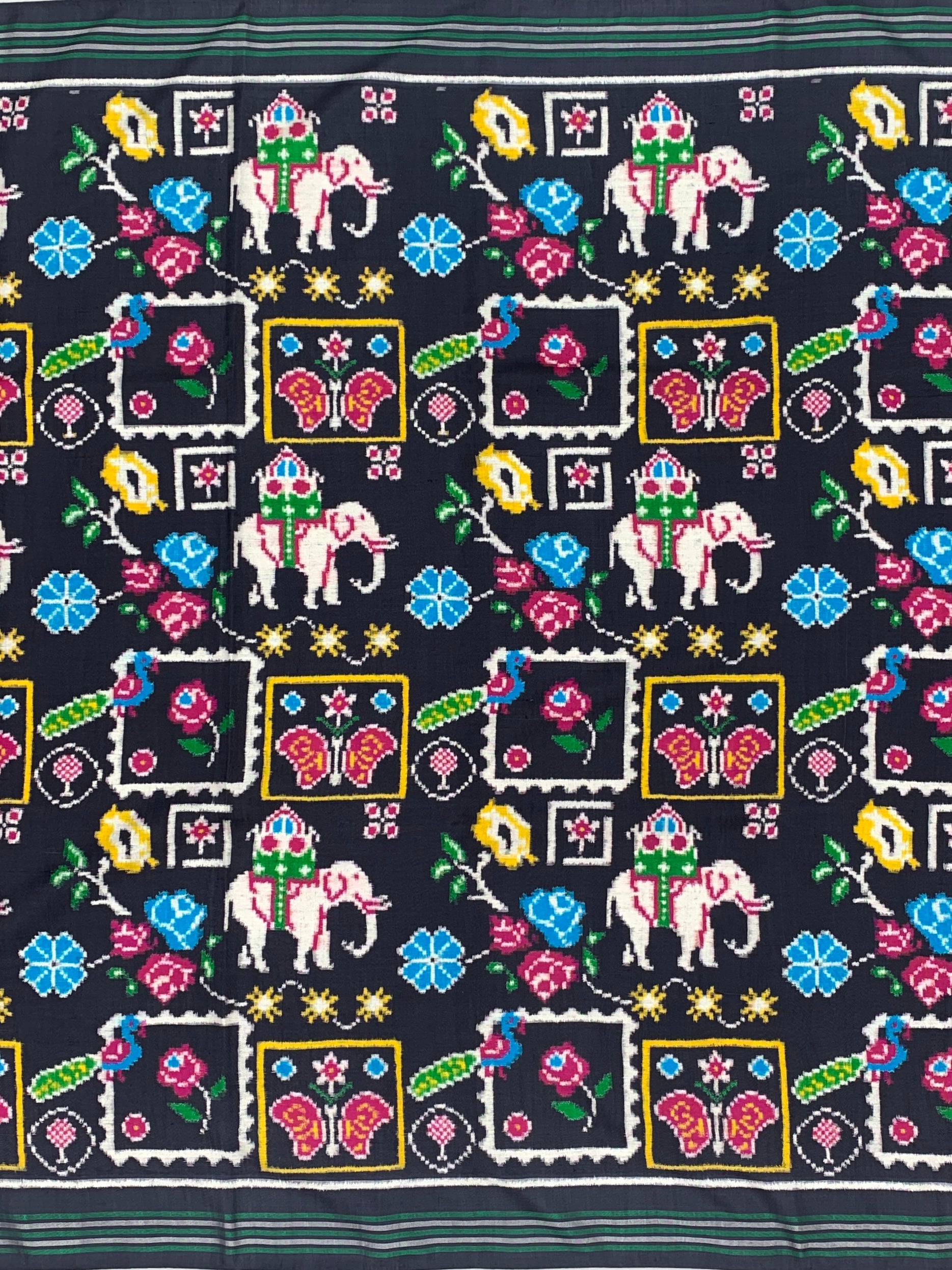 Exquisite Handwoven Patan Patola Silk Saree – Royal Black with Ceremonial Elephant & Cyan Floral Pallu
