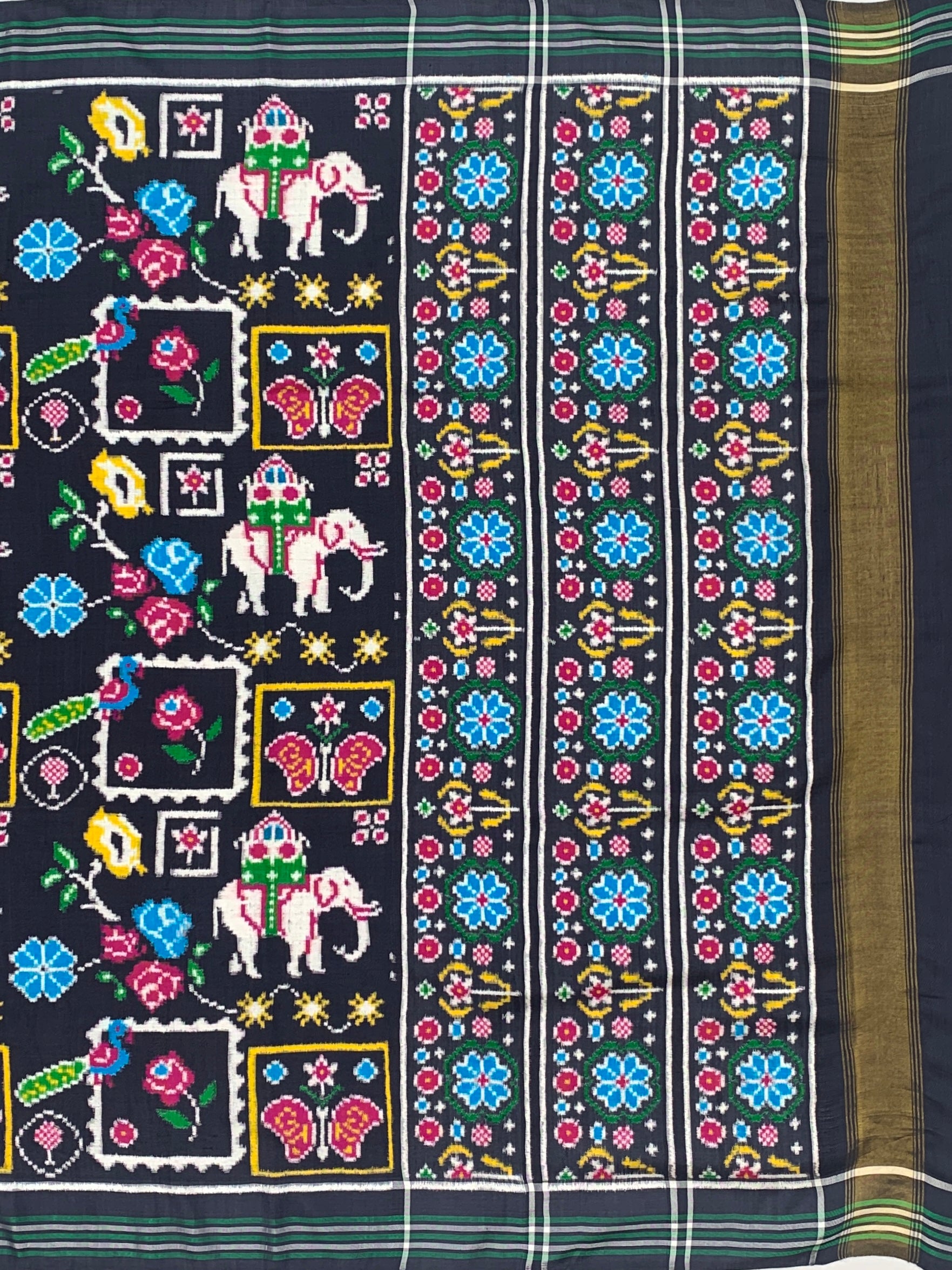 Exquisite Handwoven Patan Patola Silk Saree – Royal Black with Ceremonial Elephant & Cyan Floral Pallu