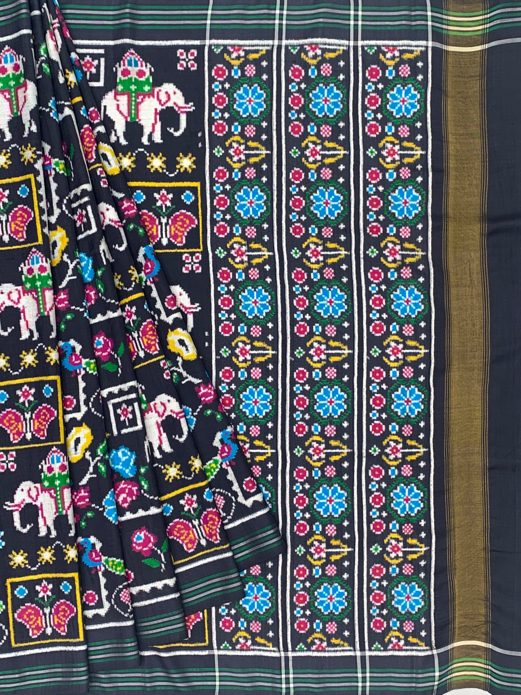 Exquisite Handwoven Patan Patola Silk Saree – Royal Black with Ceremonial Elephant & Cyan Floral Pallu