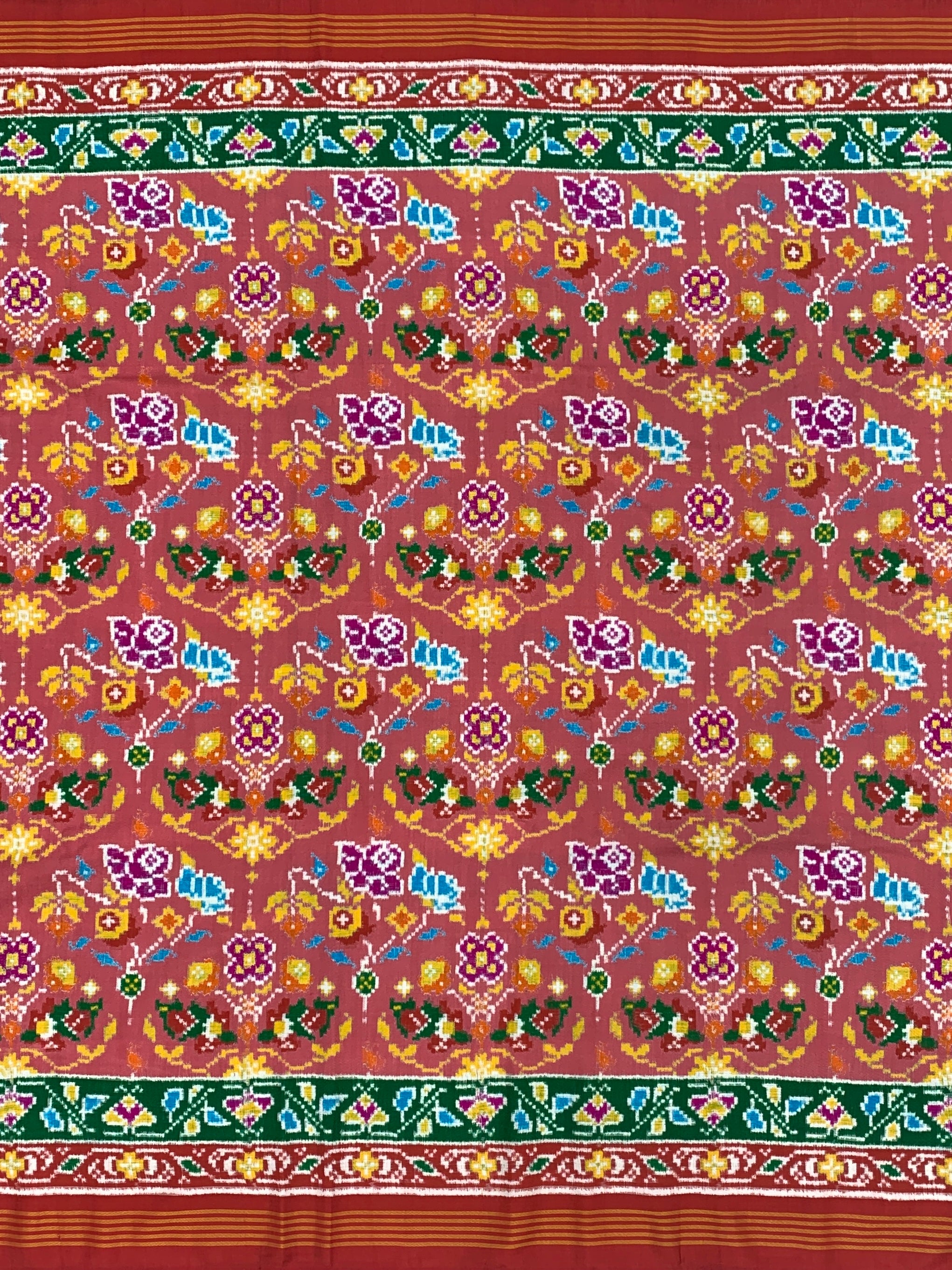 Exquisite Handwoven Patan Patola Silk Saree – Pastel Dusty Rose & Crimson Temple Pallu