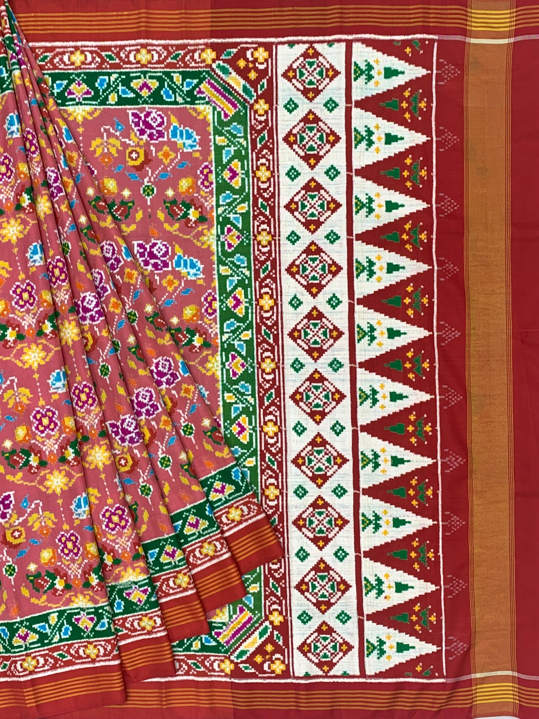 Exquisite Handwoven Patan Patola Silk Saree – Pastel Dusty Rose & Crimson Temple Pallu