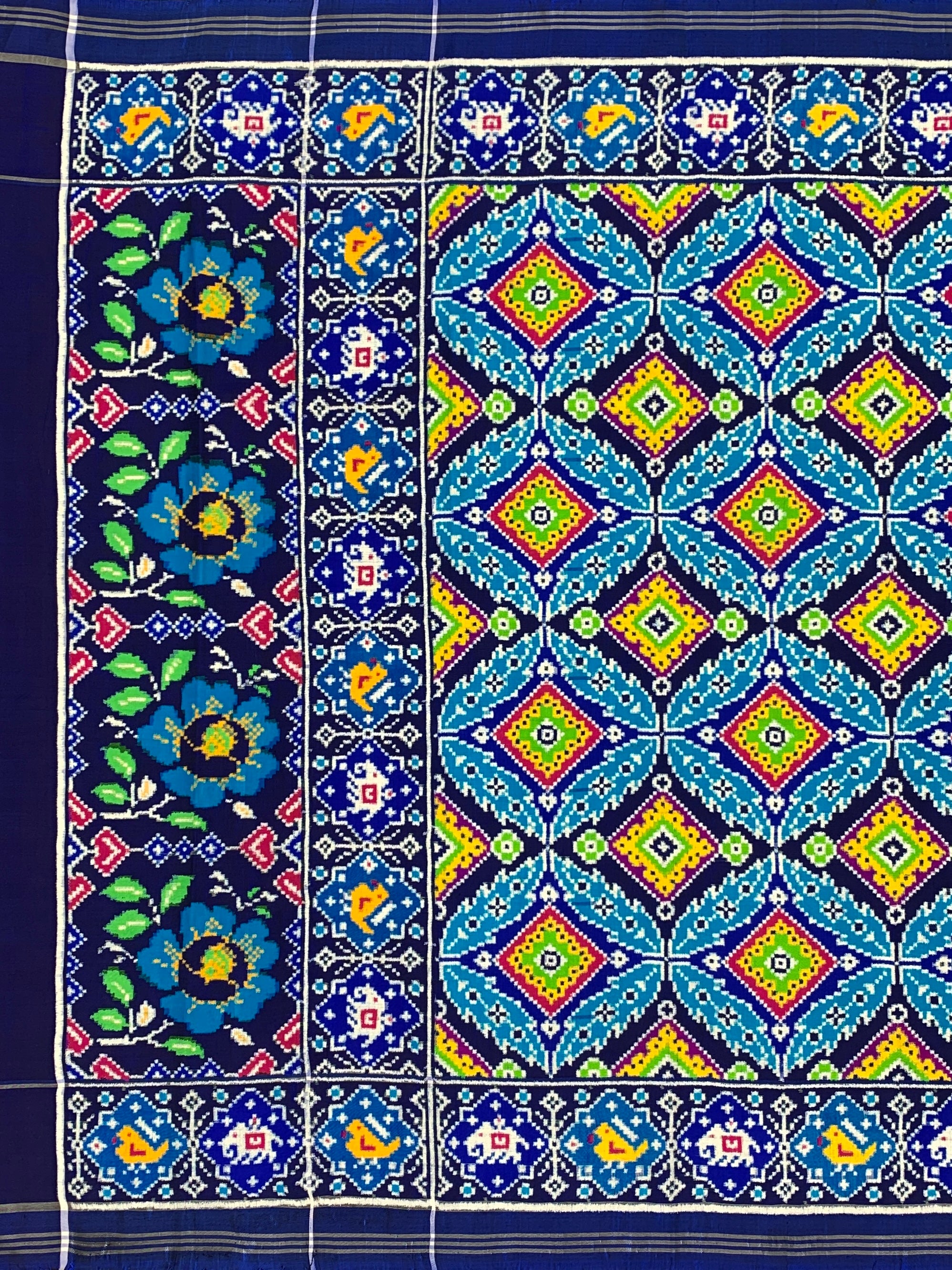 Exquisite Handwoven Patan Patola Silk Saree – Indigo & Cyan Geometric Diamond with Floral Pallu