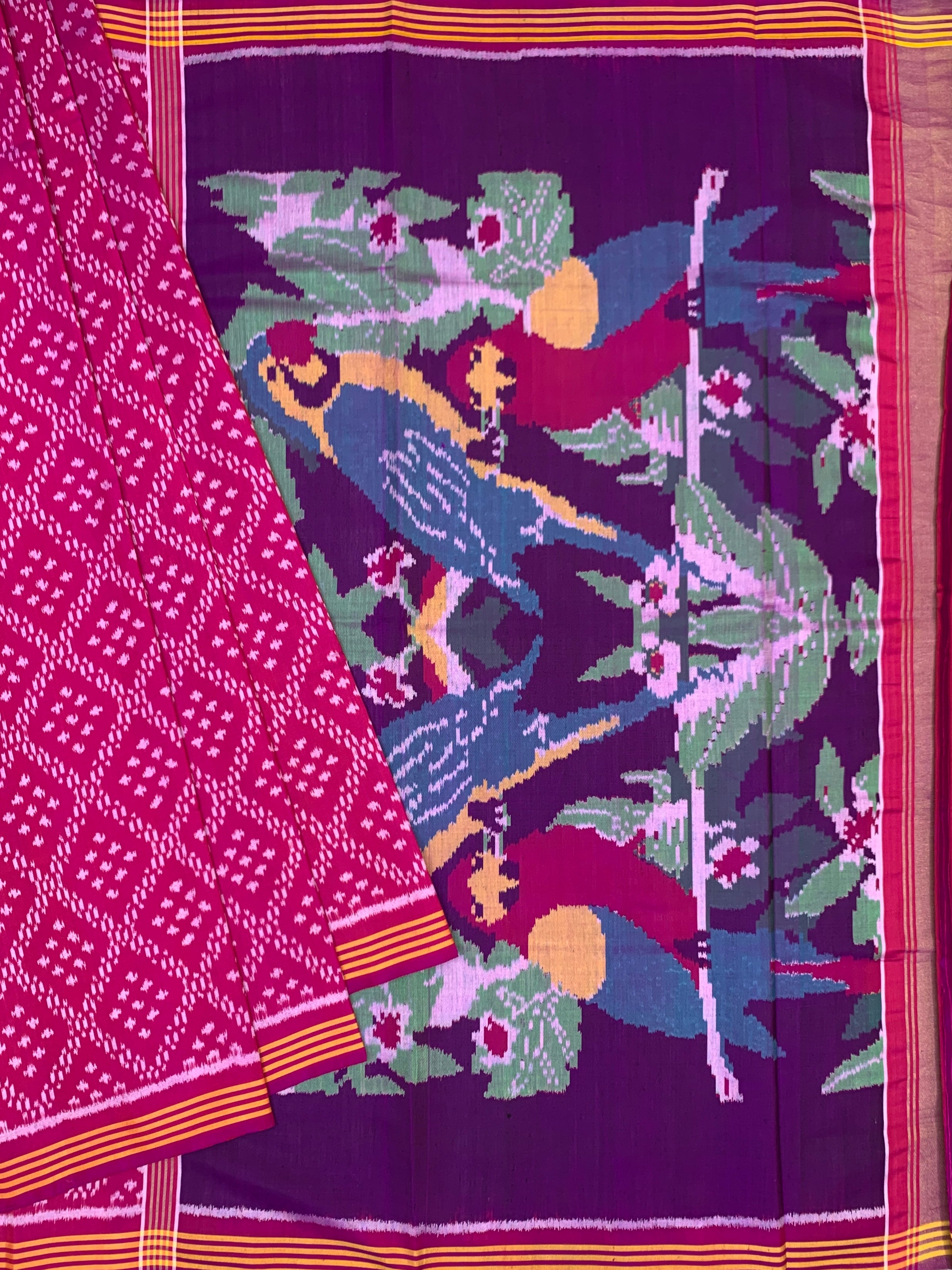 Rani Pink & Deep Violet Patola Saree with Artistic Parrot Pallu