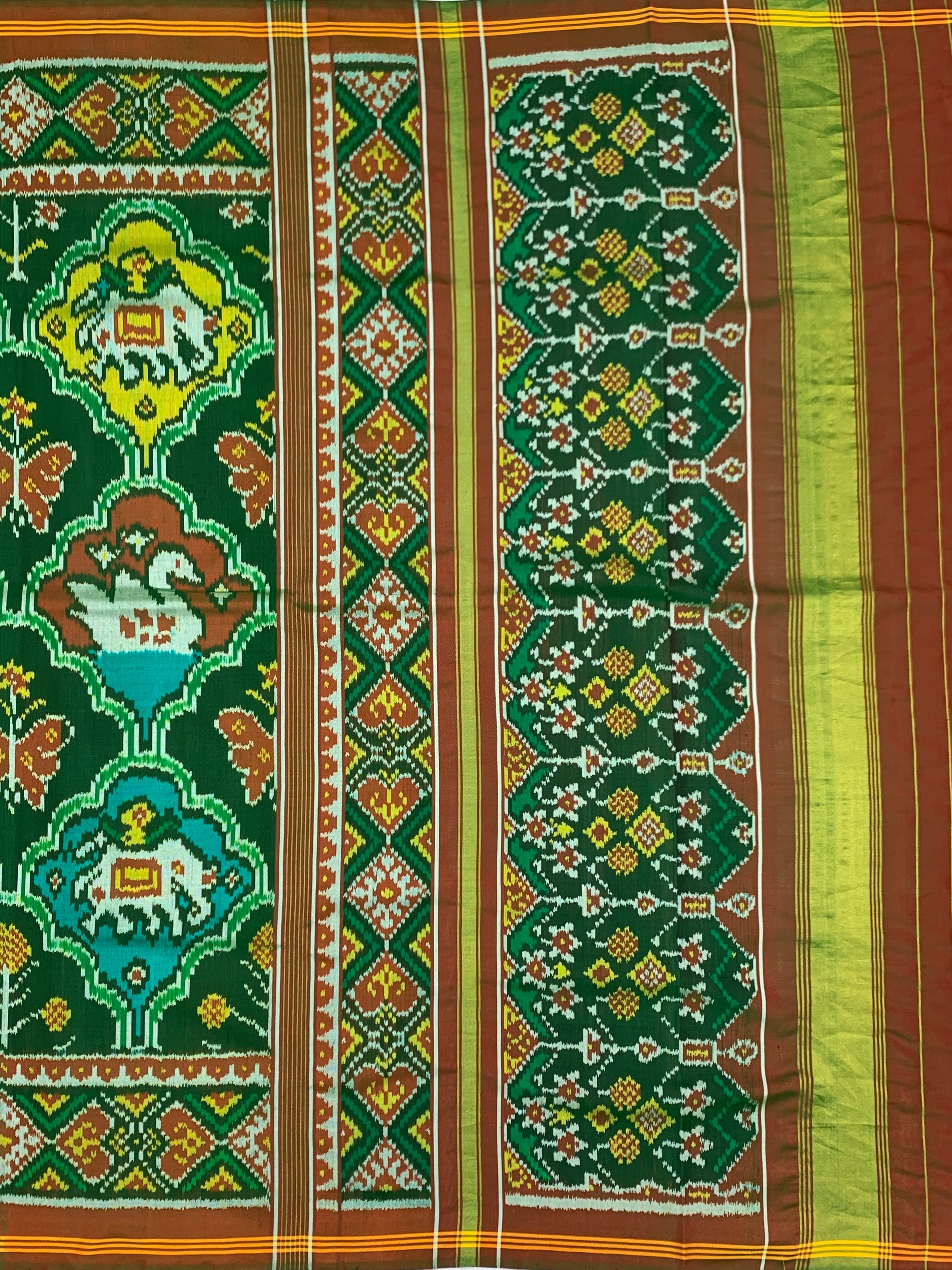 Green &amp; Earthy Rust Handcrafted Patola Silk Saree