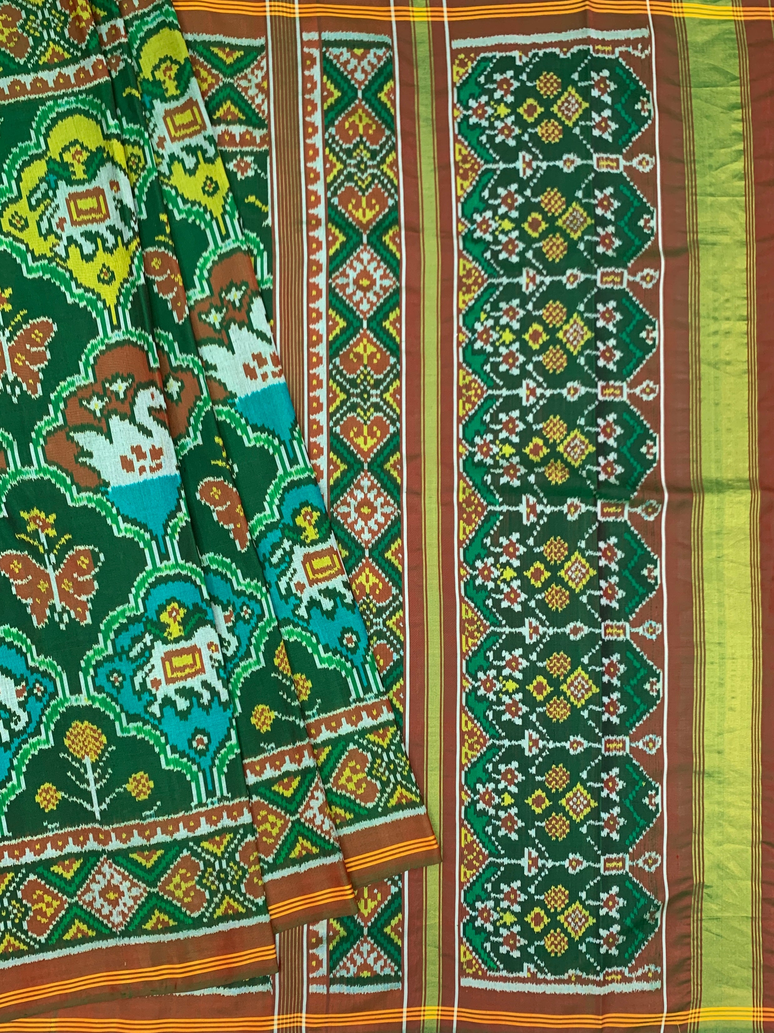 Green &amp; Earthy Rust Handcrafted Patola Silk Saree