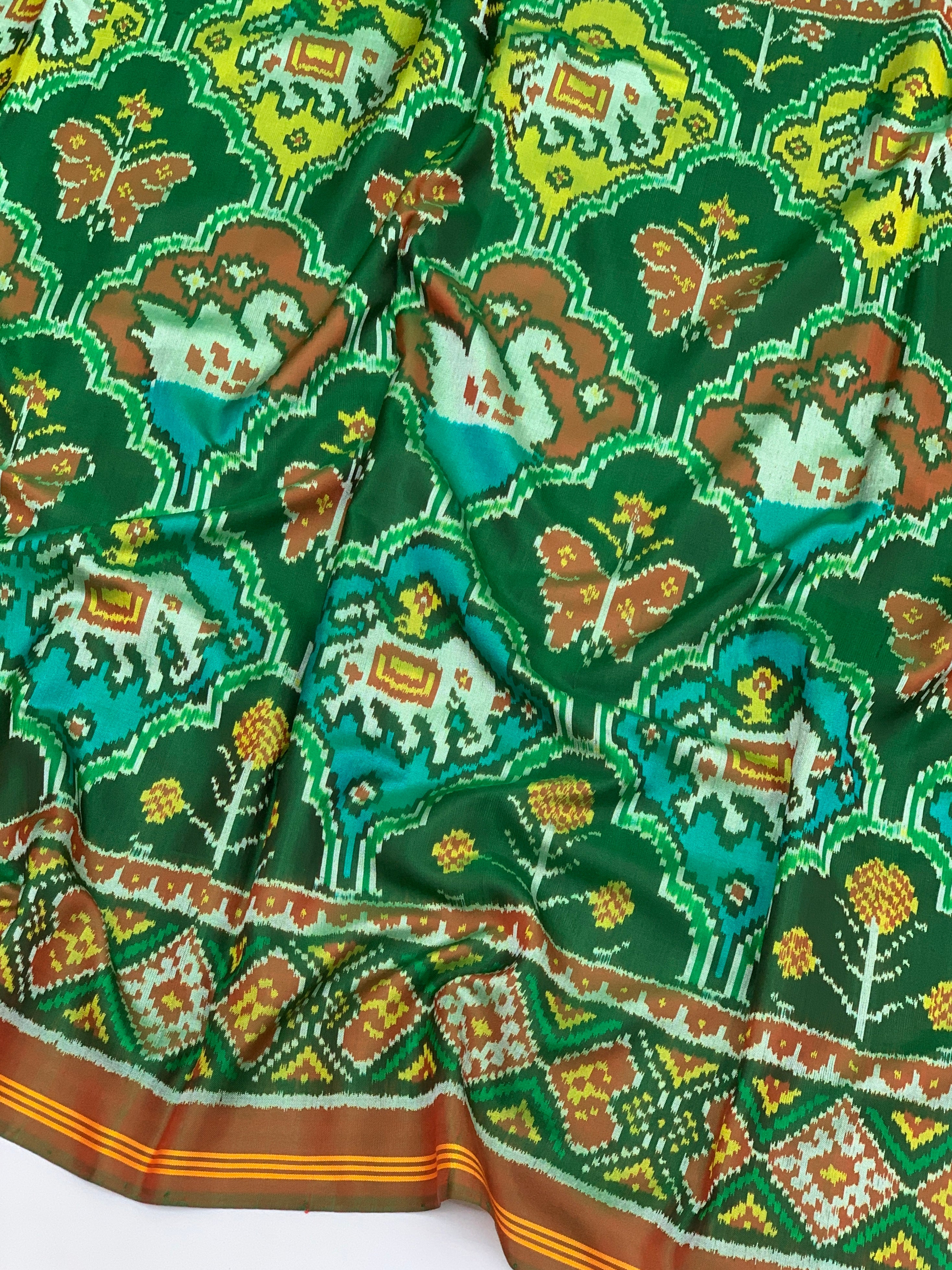 Green &amp; Earthy Rust Handcrafted Patola Silk Saree
